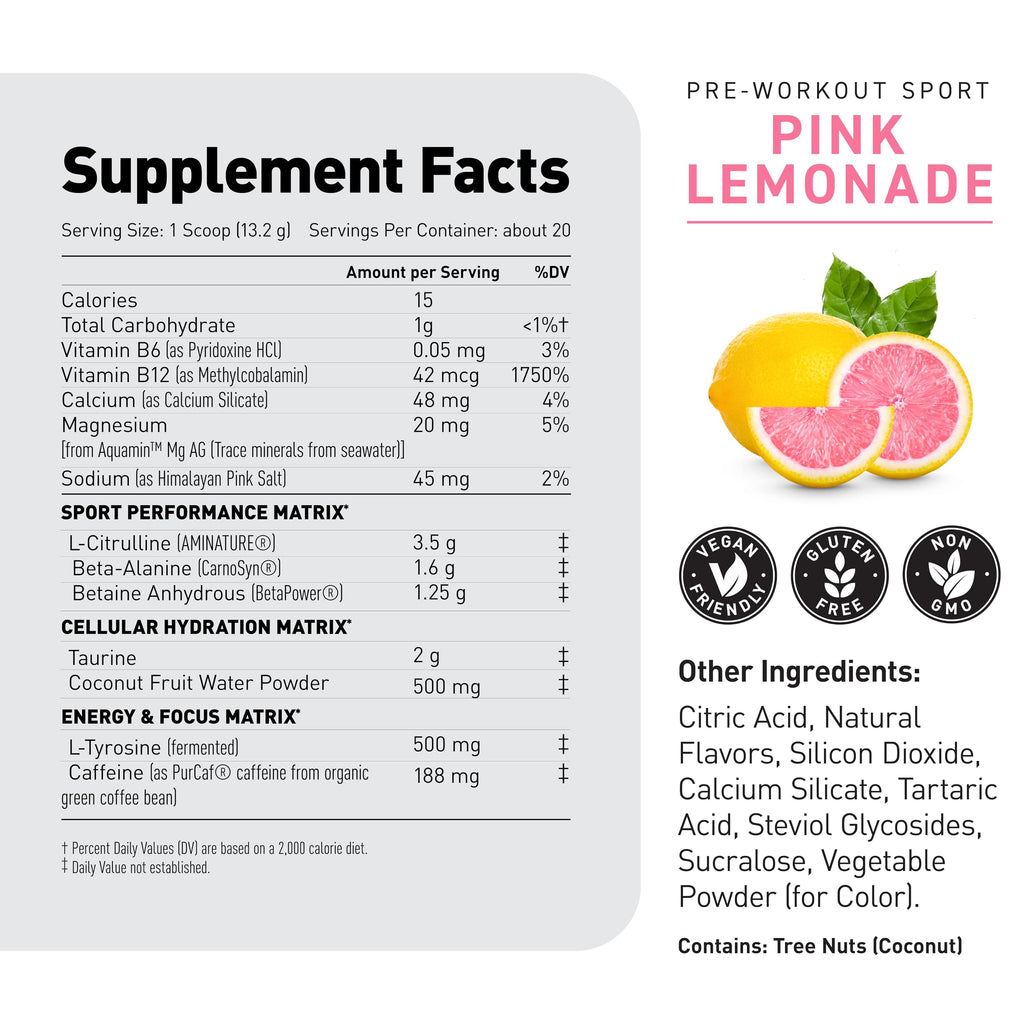 Kaged Sport Pre Workout Powder for Men & Women, Pink Lemonade, Sport Certified, 188mg Caffeine, Nitric Oxide, Beta Alanine, 20 Servings