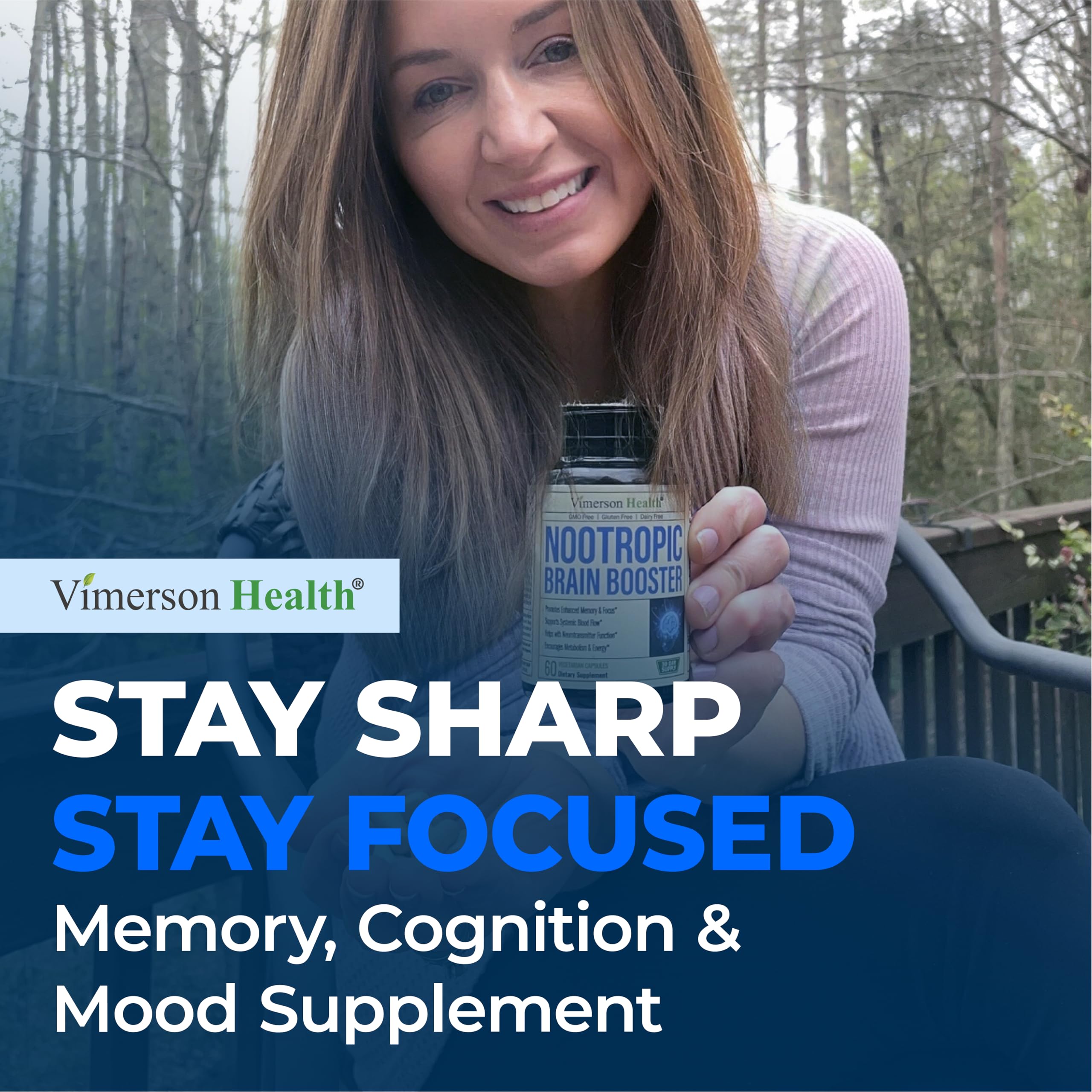 Nootropics Brain Support Supplement - Nootropic Brain Booster for Improved Focus, Concentration & Memory. Brain Nootropic for Brain Health, Mood & Energy Support. Non-GMO. Made in the USA. 60 Capsules Vimerson Health Au supplements