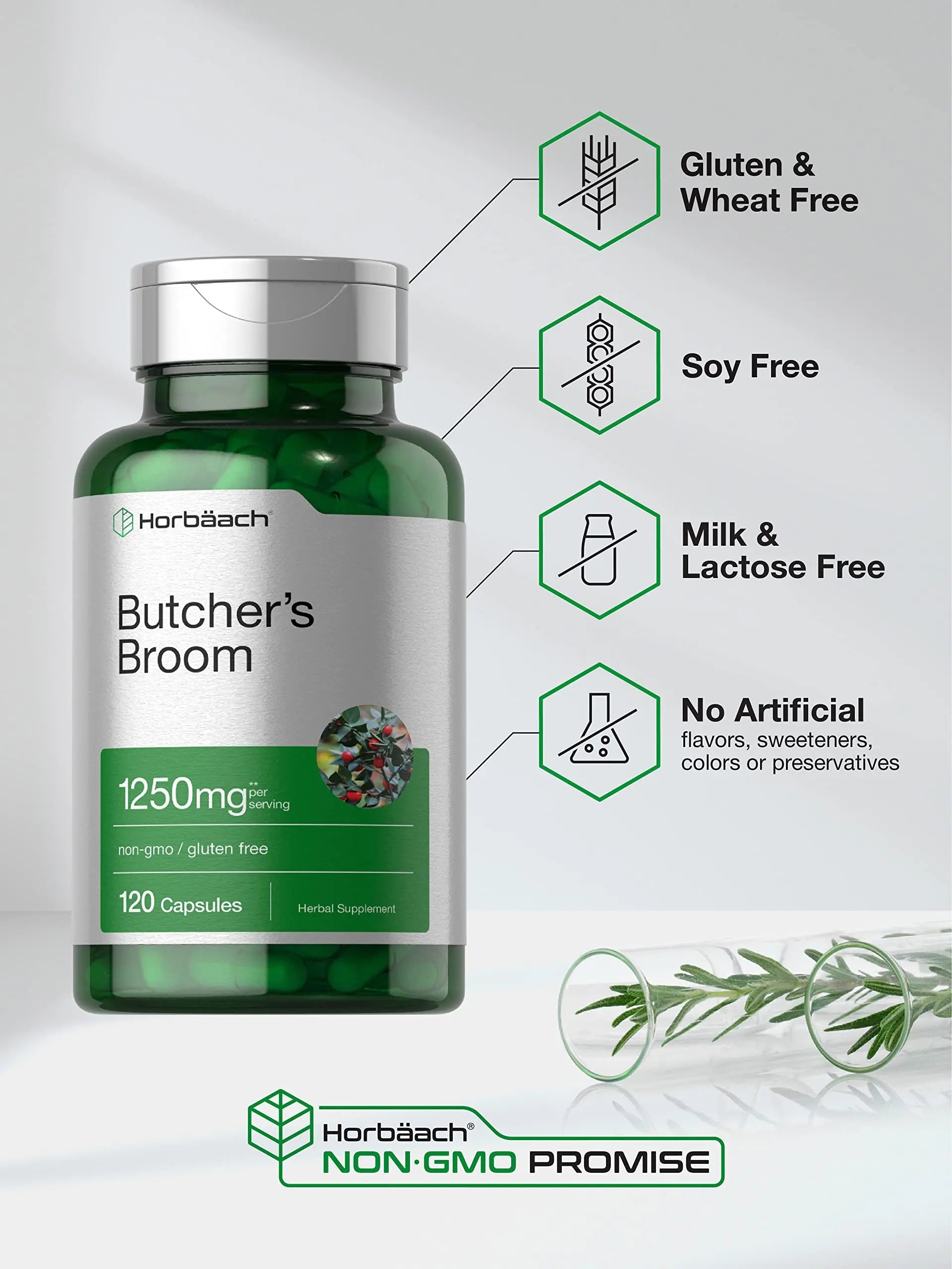 Butchers Broom Capsules 1250mg | 120 Count | Non-GMO, Gluten Free | Traditional Herb Horbäach Au supplements
