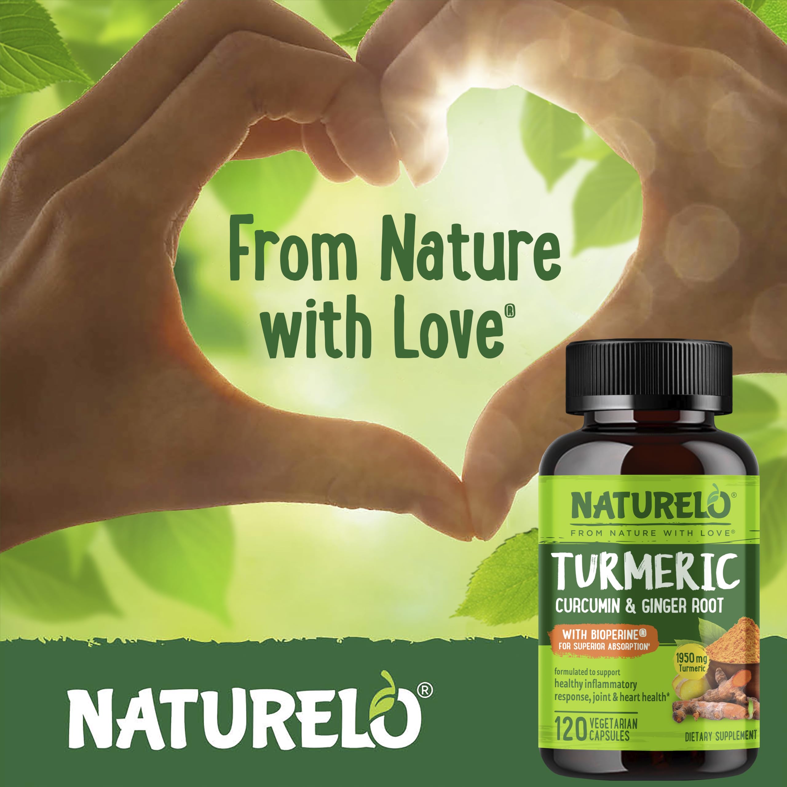 NATURELO Turmeric Curcumin - BioPerine for Better Absorption - Black Pepper, Ginger Root, Curcuminoids - Plant-Based Joint Discomfort Support