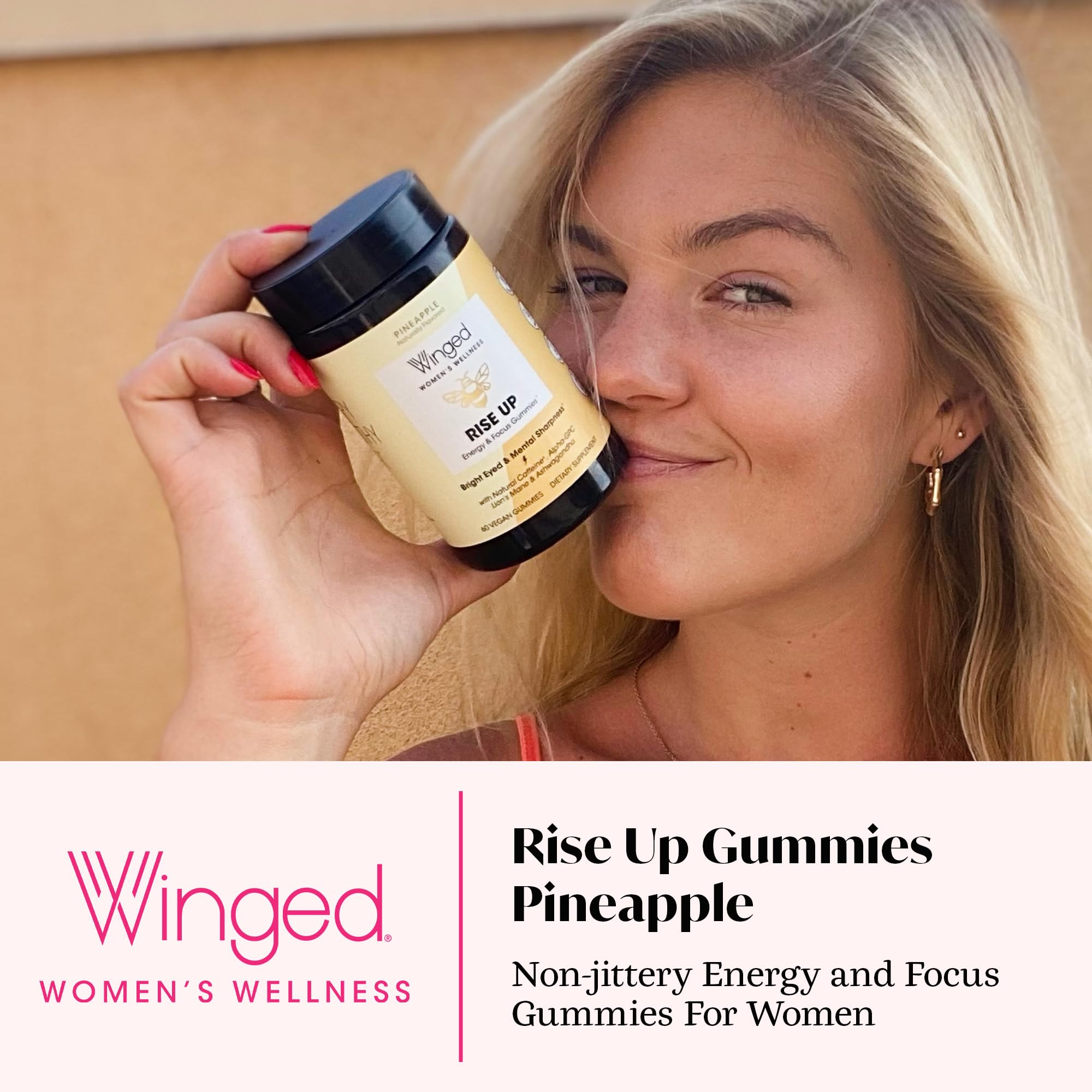 Winged Wellness Rise Up, Energy & Focus Gummies for Women - Daily Brain Boost Gummy Supplement with Natural Caffeine, Ashwagandha, B12, Nootropics Alpha-GPC & Lion’s Mane - Pineapple, 60 Gummies Winged Wellness Au supplements