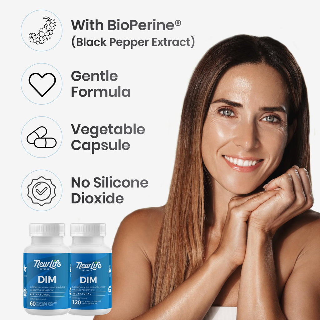 NewLife Naturals DIM Supplement 300mg for Women & Men - Hormonal Acne, Estrogen Balance Pills, Post Menopause Relief | Healthy Estrogen Level | Hormonal Balance - Bioperine | PCOS - 60 Day Supply NewLife Naturals Au supplements