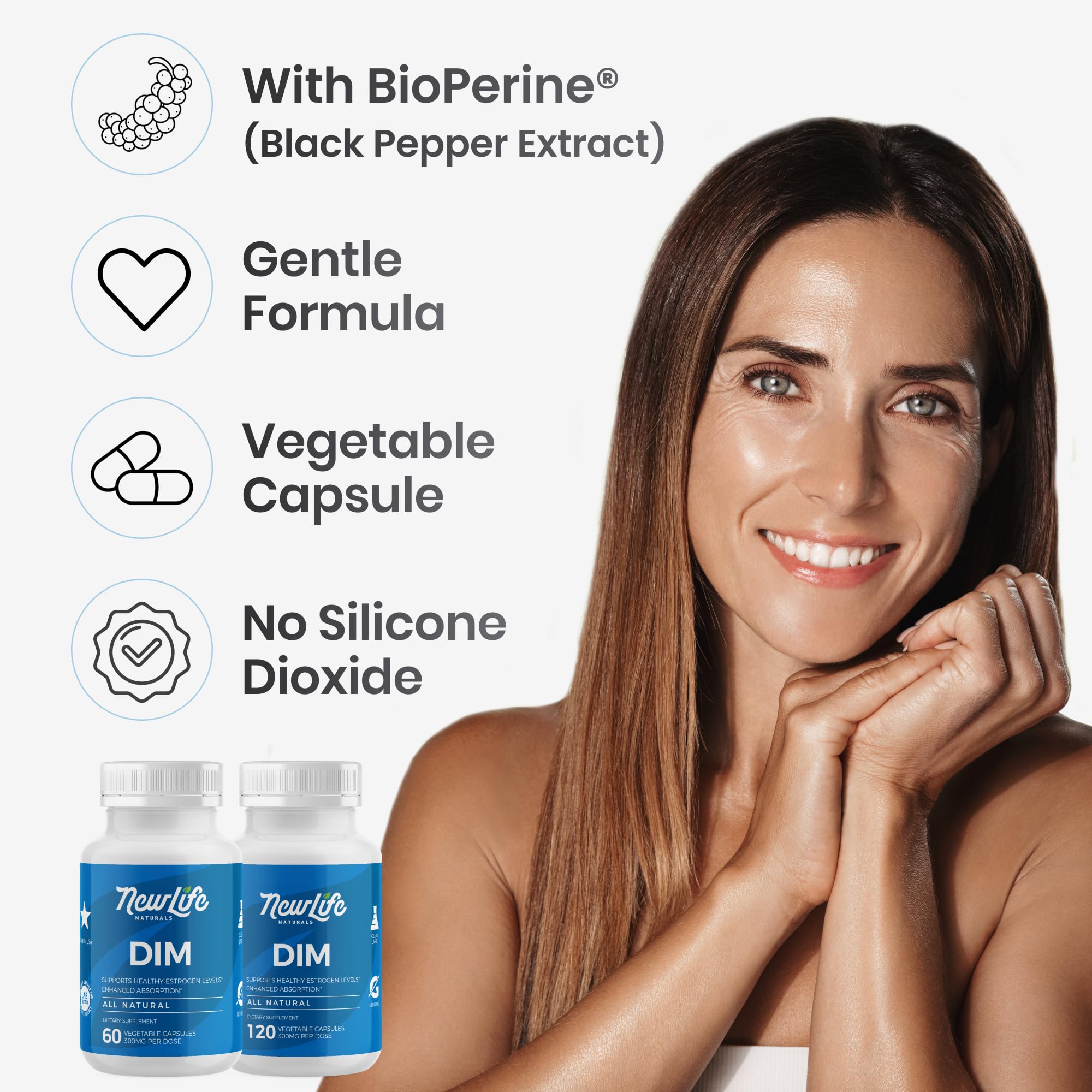 NewLife Naturals DIM Supplement 300mg for Women & Men - Hormonal Acne, Estrogen Balance Pills, Post Menopause Relief | Healthy Estrogen Level | Hormonal Balance - Bioperine | PCOS - 60 Day Supply NewLife Naturals Au supplements