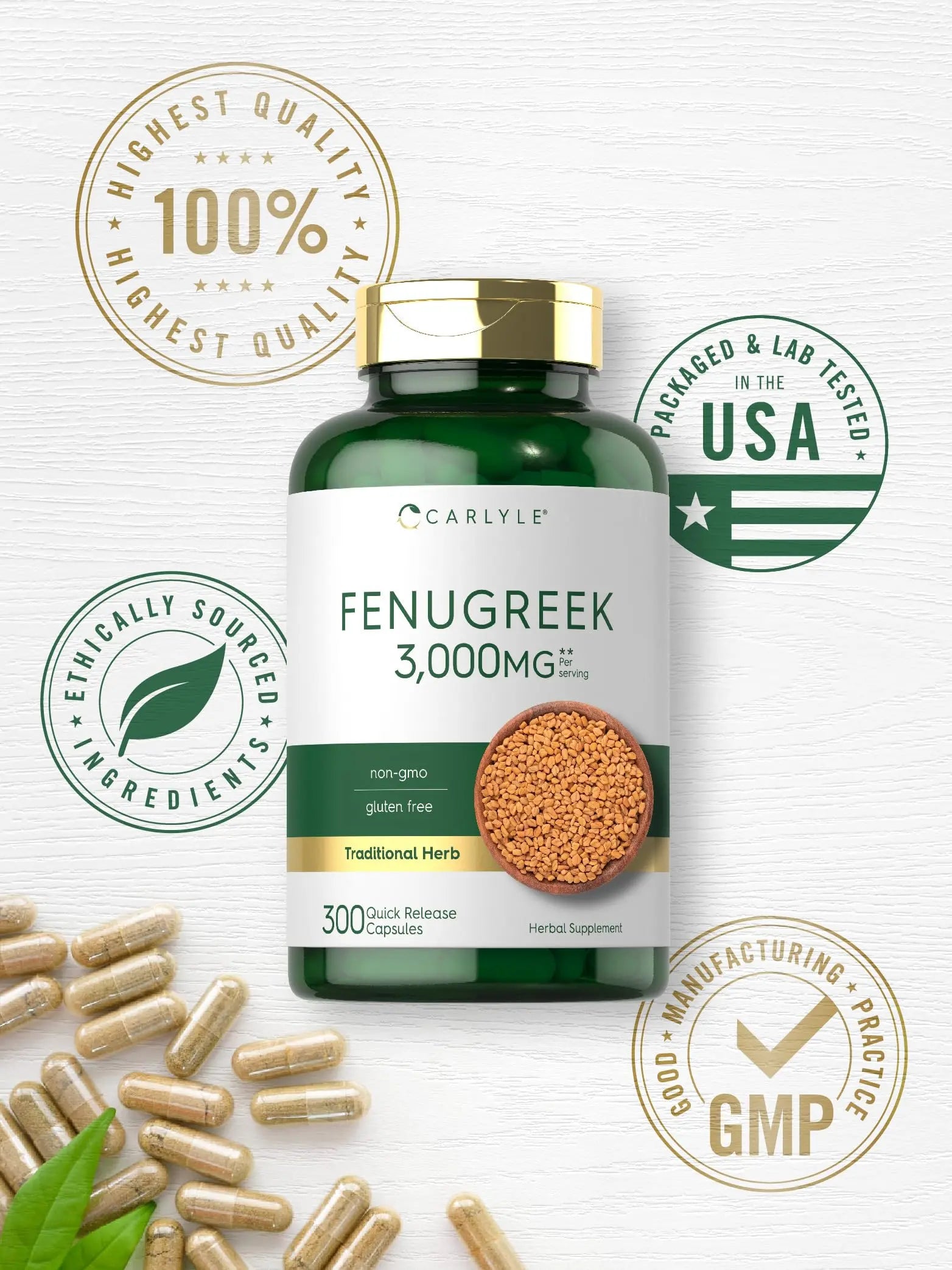 Carlyle Fenugreek Capsules 3000 mg | 300 Count | Non-GMO & Gluten Free Extract Carlyle Au supplements