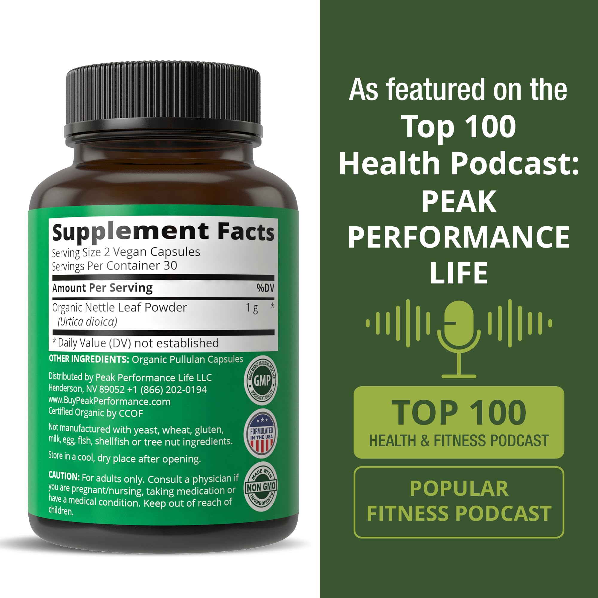 USDA Organic Stinging Nettle Vegan Capsules Made with Stinging Nettle Leaf Powder for Prostate, Hair Growth, Allergy. Better Than Root or Seed Extract. Plant Based Herb Supplement Tablets, 60 Pills Peak Performance Au supplements