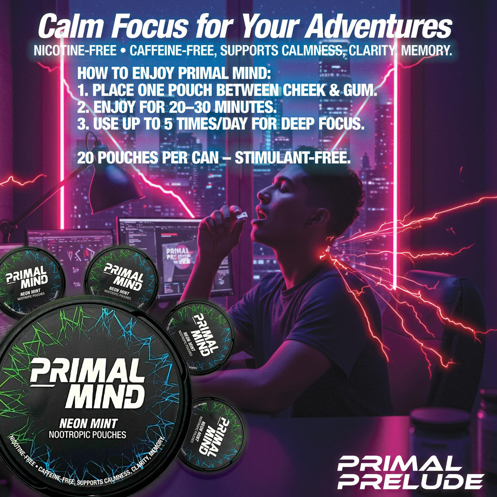 Nootropic Pouches - Primal Mind Caffeine Free Nootropics Pouches Made with Ginkgo Biloba & L-Theanine - Nicotine Free Brain Boost, No Sugar, Cognitive Support – 20 Pouches Per Can, 5 Pack (Neon Mint) Primal Prelude Au supplements