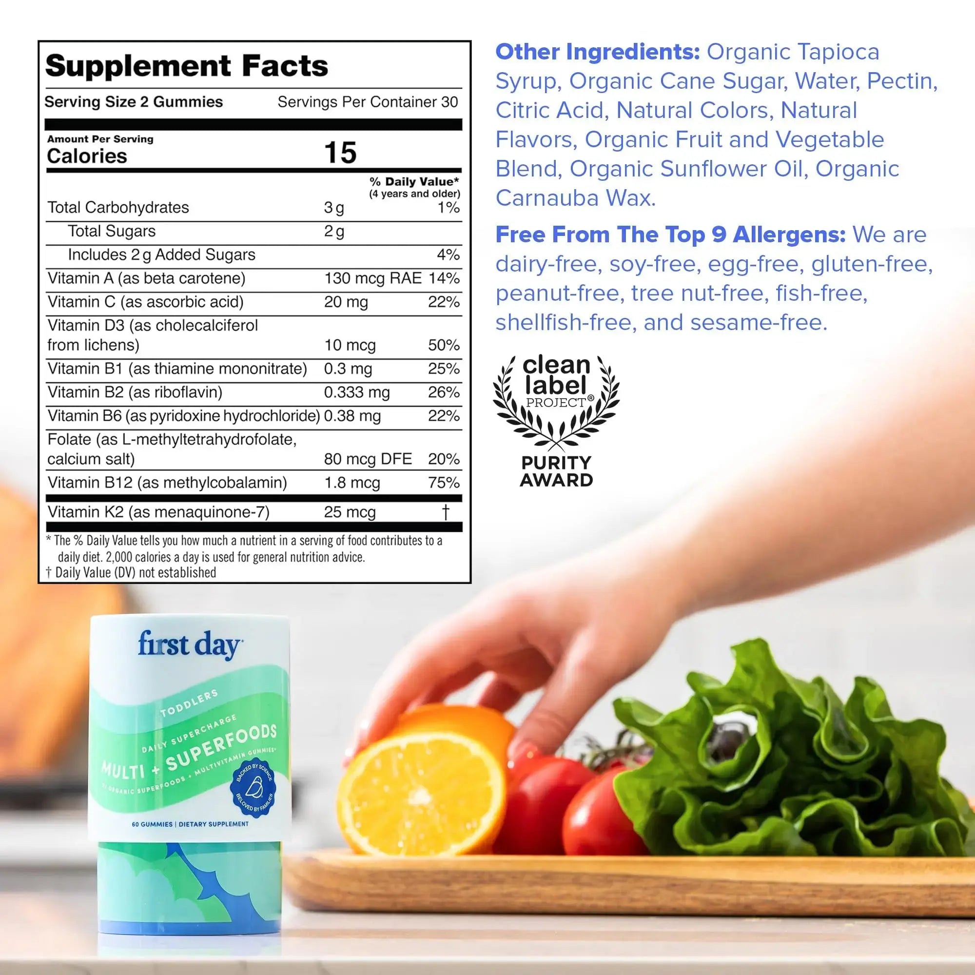 FIRST DAY Toddler Multivitamin Gummies (Ages 2-3)| Kids Multivitamin Gummies with Vitamins A C D3, B2, B12, Choline, Folate and 21 Organic Superfoods| (30 Day Supply) FIRST DAY Au supplements