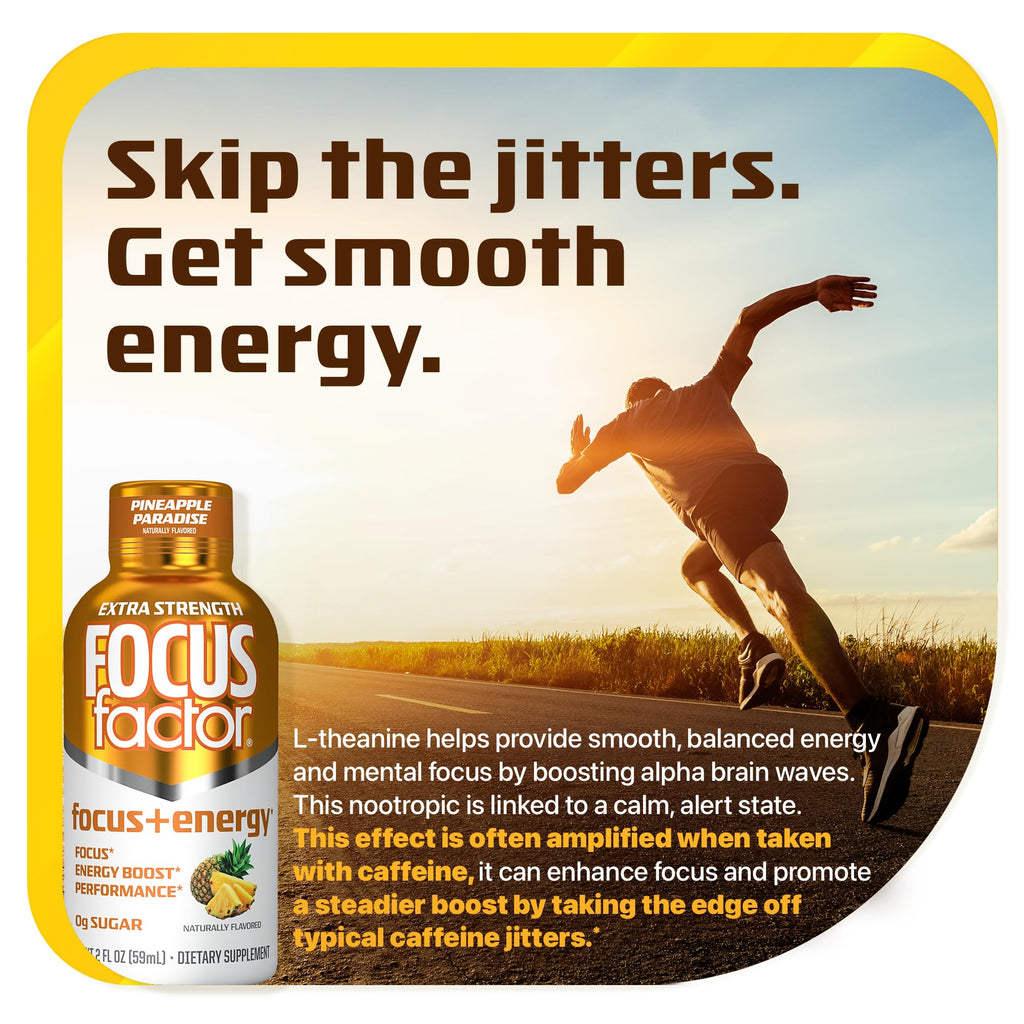 Focus Factor Extra Strength Focus + Energy Shots - 12 x 2oz Bottles (Pineapple Paradise Flavor) - Powered by Nootropics with Caffeine, L-Theanine, Ginkgo, Bacopa, L-Tyrosine, Alpha GPC Focus Factor Au supplements
