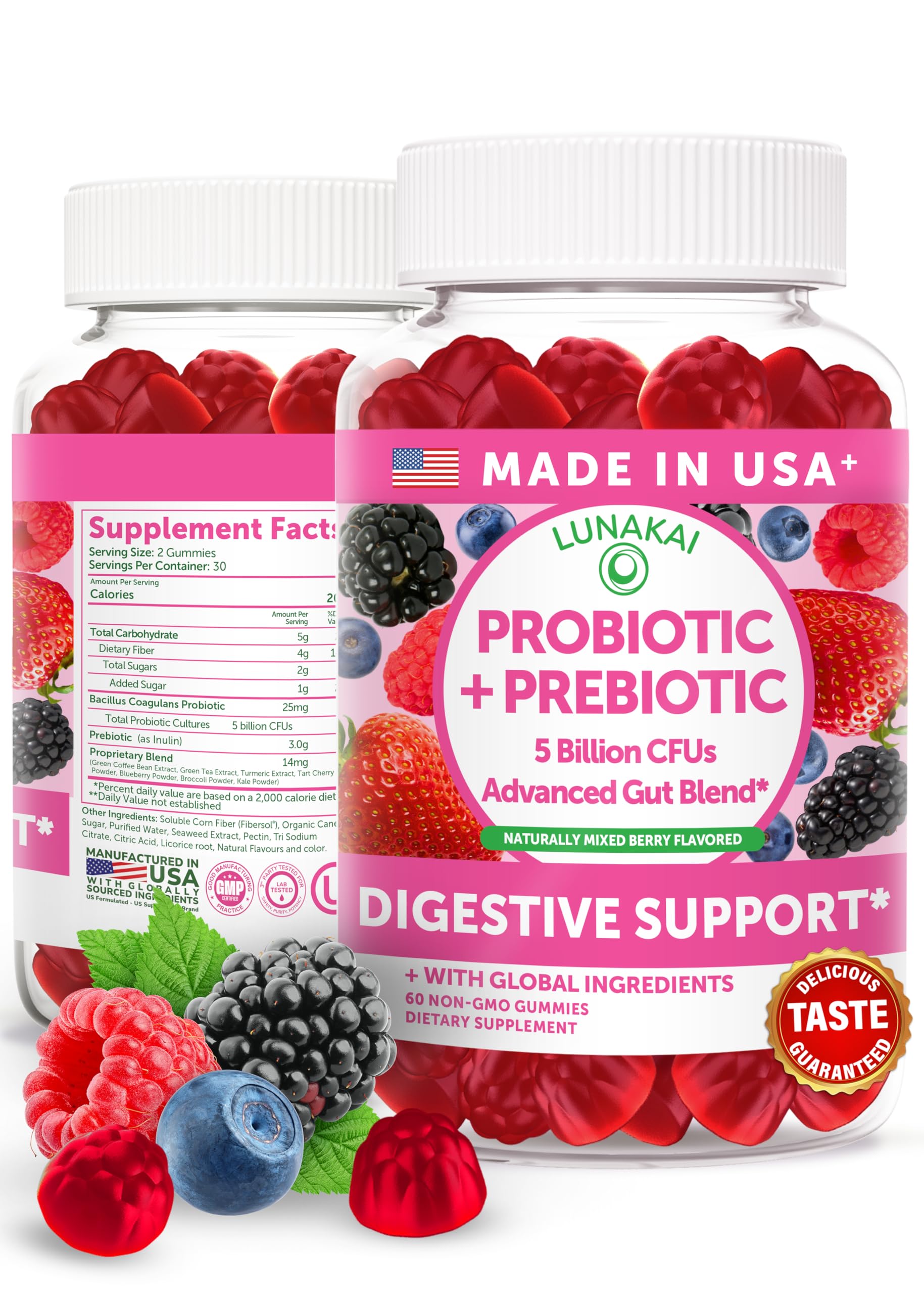 Lunakai USA Made Prebiotic + Probiotic Gummies for Women and Men - High Potency 5 Billion CFUs with Fibers