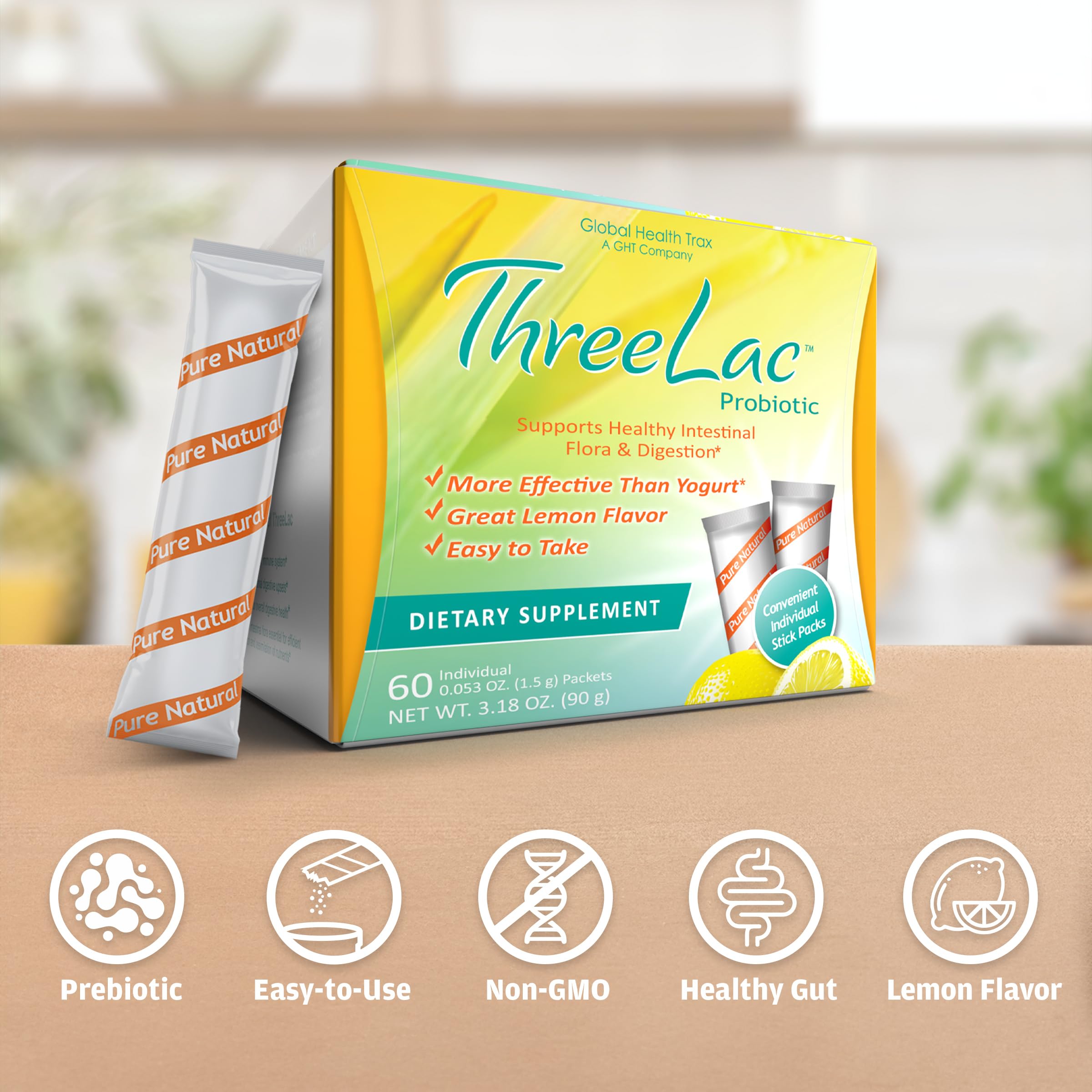 Global Health Trax ThreeLac Lemon Probiotic Drink Mix for Digestive Health - Advanced Probiotic Powder Formula for Men, Women, and Kids - Immune Support & Gut Balance, Non-GMO - 180 Packets ght Global Health Trax Au supplements