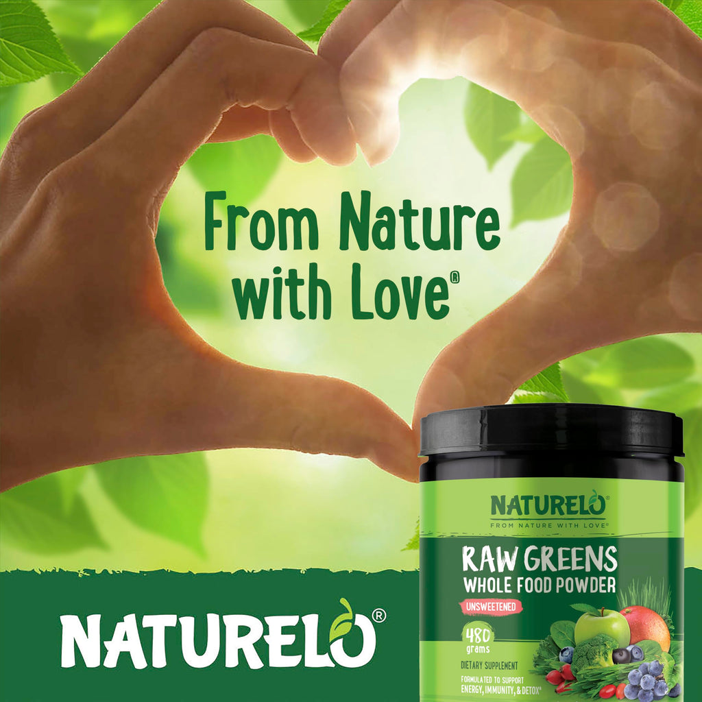 NATURELO Raw Greens Superfood Powder - Unsweetened - Boost Energy, Detox, Enhance Health - Organic Spirulina - Wheat Grass - Whole Food Nutrition from Fruits