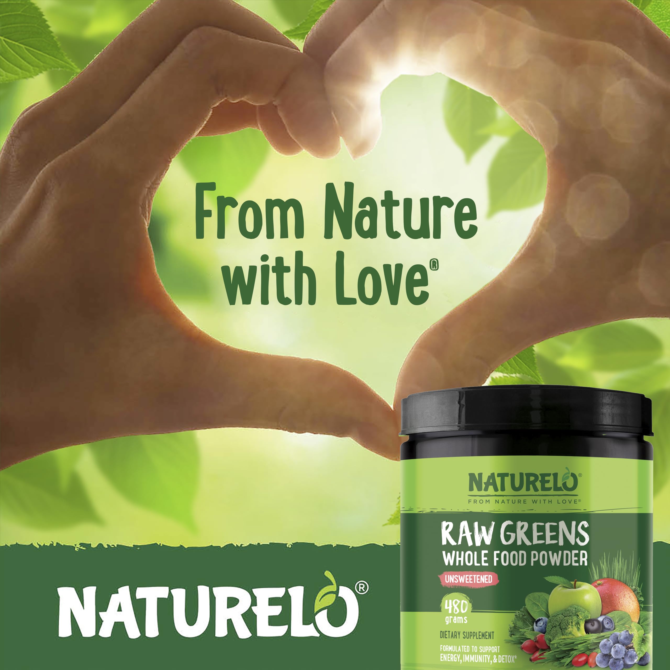 NATURELO Raw Greens Superfood Powder - Unsweetened - Boost Energy, Detox, Enhance Health - Organic Spirulina - Wheat Grass - Whole Food Nutrition from Fruits