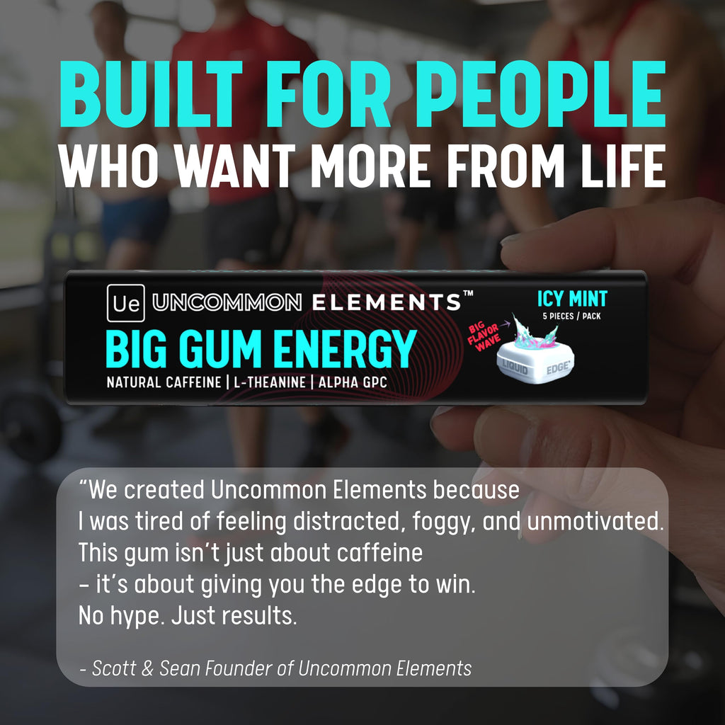 BIG GUM ENERGY & FOCUS – 80mg Caffeine + 40mg L-Theanine + 80mg Alpha GPC – Nootropic Chewing Gum for Focus, Energy & Execution – Icy Mint – 25 Pieces (5 Packs) Gym & Work Execution. UNCOMMON ELEMENTS Au supplements