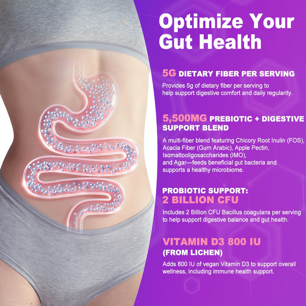 Prebiotic Fiber Gummies, 5g Fiber per Serving, 2 Billion CFU Bacillus Coagulans + Vitamin D3, Sugar Free Pectin Mixed Berry Gummies, Inulin (FOS) + Acacia