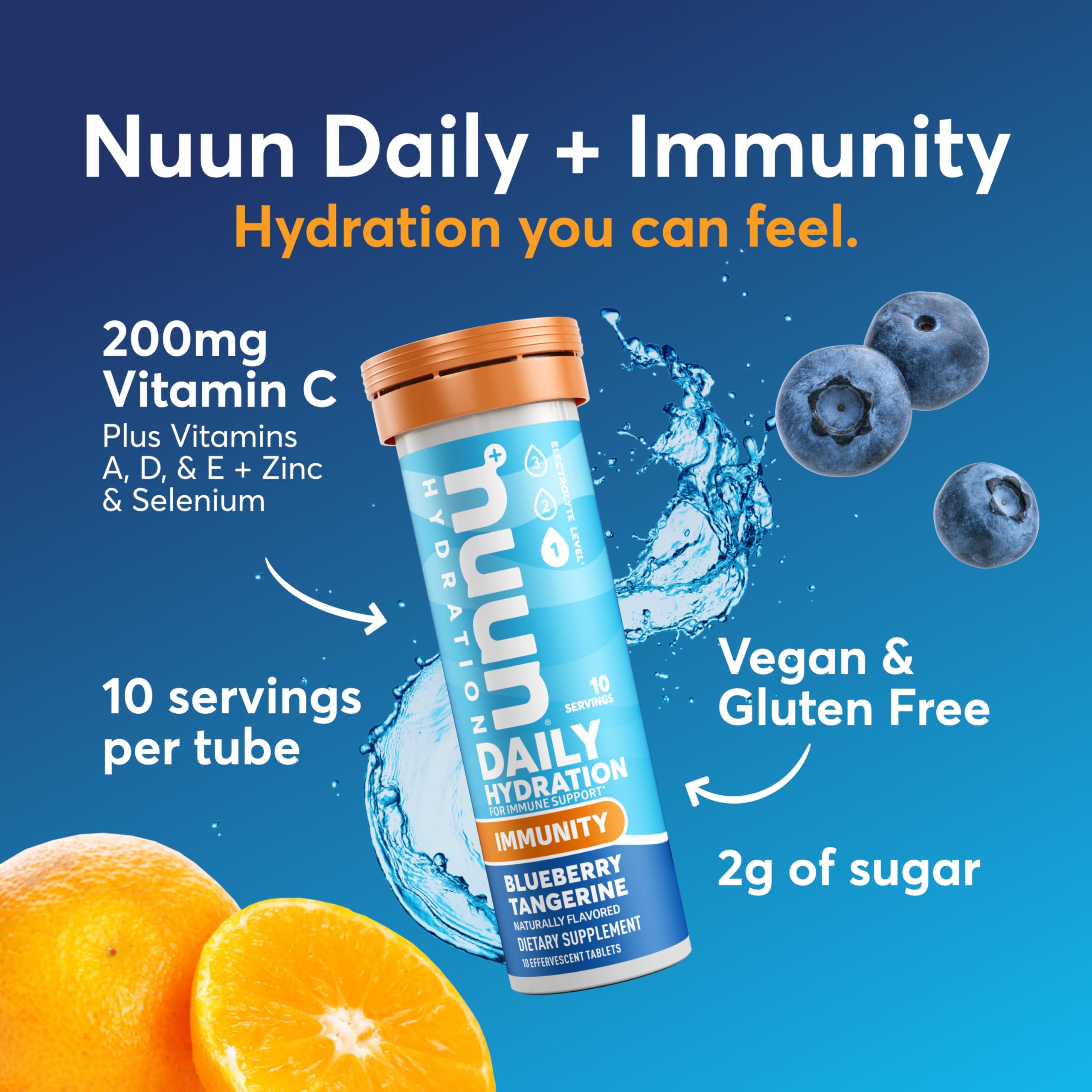 Nuun Immunity Electrolyte Tablets with Vitamin D, C, E, & A, Ginger, Elderberry, Magnesium & 4 Other Essential Electrolytes, Vegan, Blueberry Tangerine & Orange Citrus, 4 Pack (40 Servings Total)