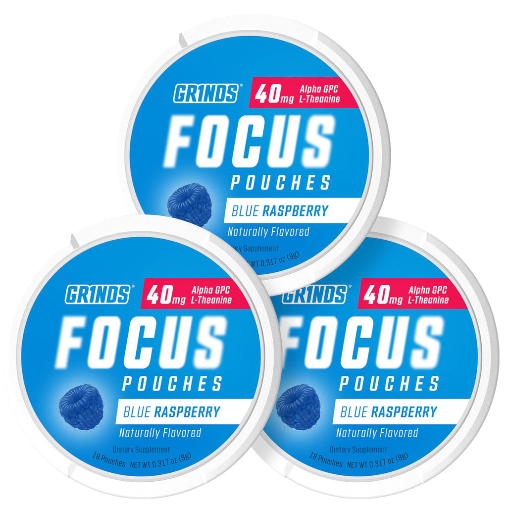 GRINDS Focus Pouches - Naturally Flavored with Nootropic Ingredients - Contains Alpha GPC and L-Theanine - Nicotine-Free, Sugar-Free - 3 Pack, 18 Pouches Per Can - Blue Raspberry GRINDS Au supplements