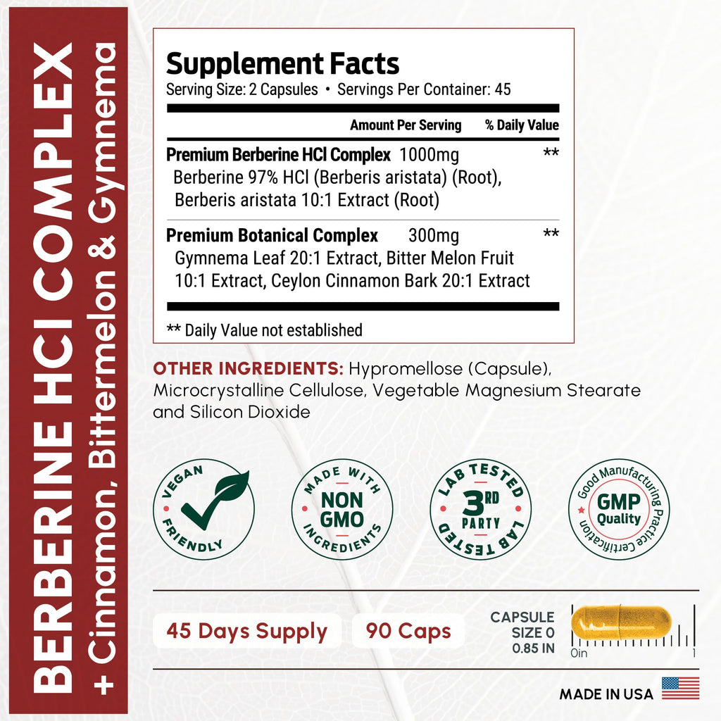 ForestLeaf Berberine Supplement - 1300mg per Serving - Ultra High Potency Berberine HCl with Ceylon Cinnamon, Bitter Melon & Gymnema