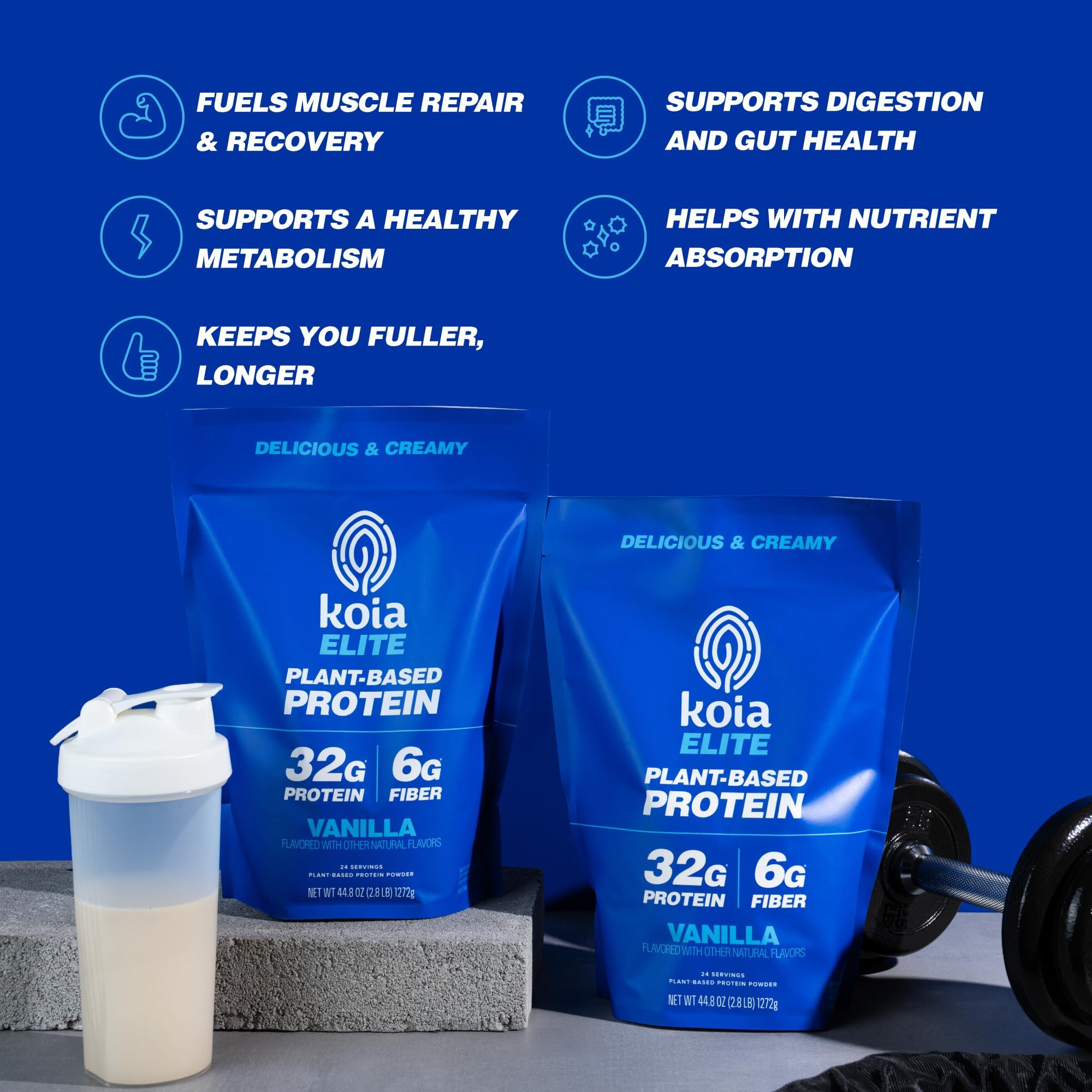 Koia Plant Based Protein Elite Powder, Vanilla, 32g Protein, 4g Sugar, 6g Prebiotic Fiber, Pre & Post Workout, 21 Vitamins & Minerals, Dairy-Free, Gluten-Free, Non-GMO, 24 Servings, 44.8 Oz
