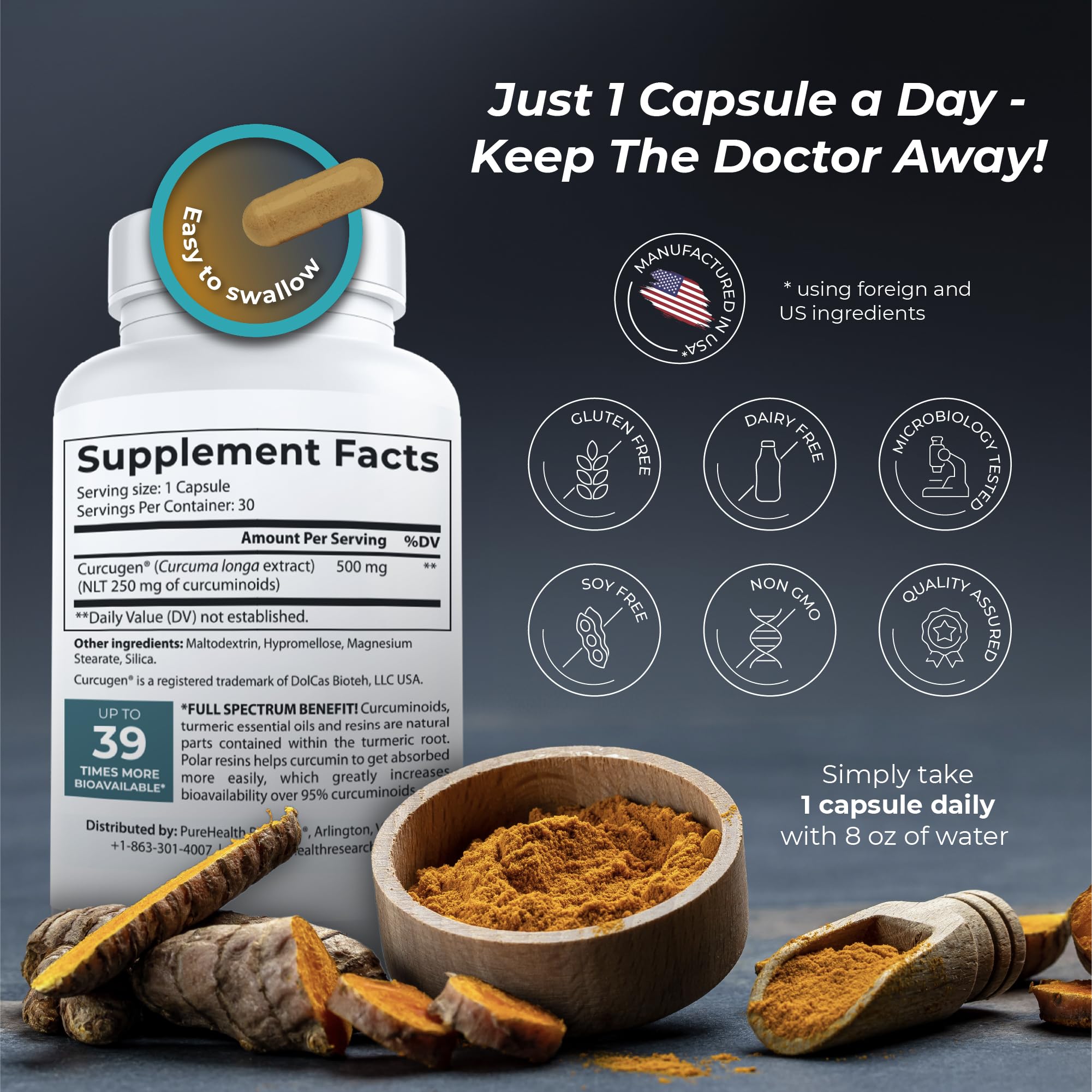 PUREHEALTH RESEARCH Curcumin Extract - High Absorption Turmeric Supplement for Robust Immune Support - Joint Support for Overworked Joints and Muscles - Powered by Curcugen x39 Bioavailable - 1 Bottle PUREHEALTH RESEARCH Au supplements