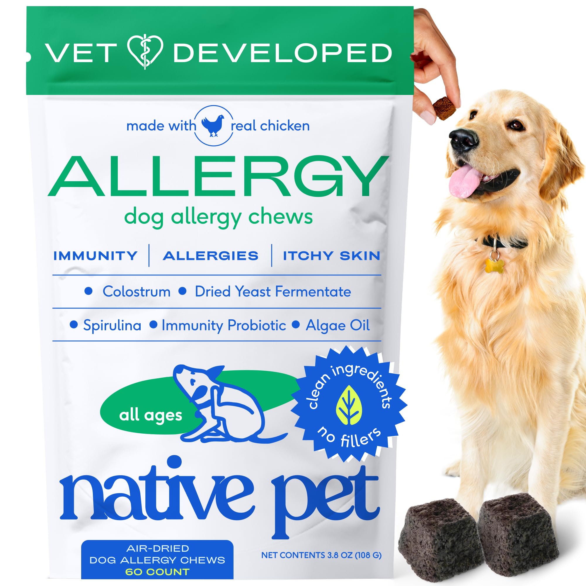 Native Pet Dog Allergy Chews - Dog Allergy Relief for Medium Breeds - Supports Seasonal Itch Relief, Healthy Immune Function & Reduces Sneezing - Colostrum, Spirulina, & Probiotics - 30 Days Supply Native Pet Au supplements