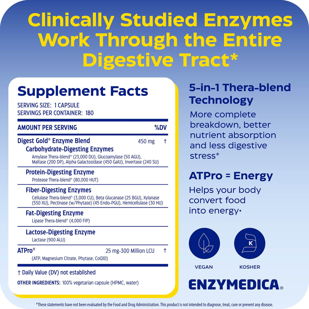 Enzymedica Digest Gold - Digestive Enzyme Supplement for Women & Men, Enzyme Capsules for Digestion, Gut Health Support, Helps Gas & Bloating, ATPro Energy Support,