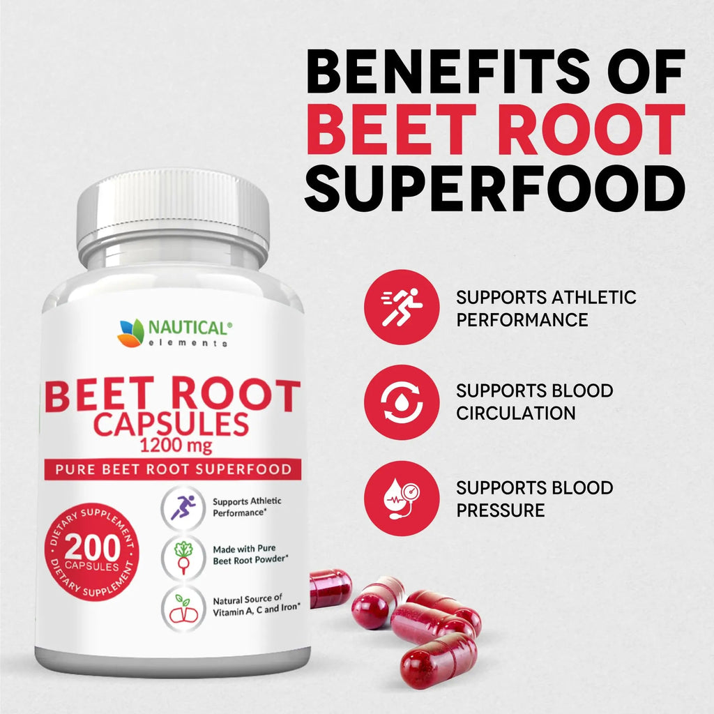 Beet Root Capsules - 1200mg Per Serving - 200 Beet Root Powder Capsules - Beetroot Powder Supports Blood Pressure, Athletic Performance, Digestive Nautical Elements Au supplements