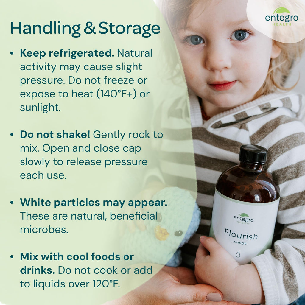 ENTEGRO Flourish Junior Liquid Probiotic & Postbiotic Supplement - Glass | 11 Live Cultures | Gut & Digestive Health for Women, Men & Kids | Organic, Vegan, Allergen Free | USA Made | 16 fl oz