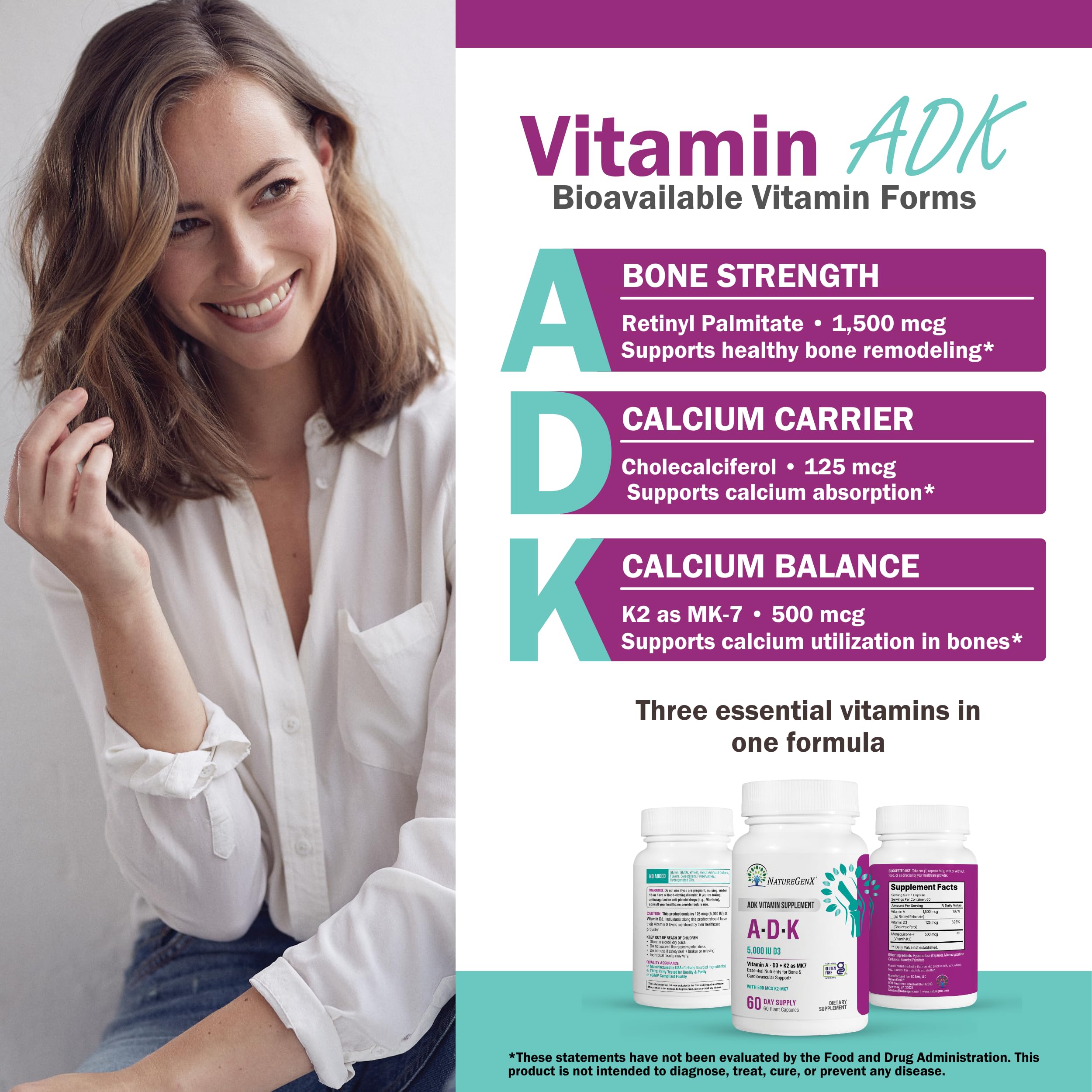 NatureGenX ADK Vitamin Supplement – Vitamins A, D3 & K2 MK-7 for Bone Health & Calcium Absorption – Gluten-Free, Non-GMO, Soy-Free