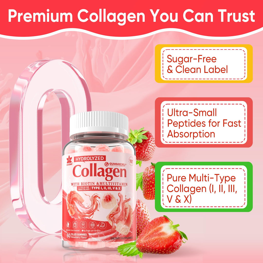 Collagen Peptide Gummies for Women & Men Sugar-Free, Multi Collagen Hydrolyzed w/ 1500mg Protein Type I,II,III,V,X, 5000mcg Biotin, Methylated B12, Vitamin C A E D3 B6