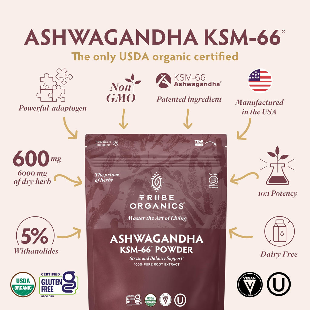 TRIBE ORGANICS KSM-66 Ashwagandha Root Extract Powder Ayurvedic Herb for Mood Support | Increase Energy | Strength - Organic | Natural | Gluten Free | Non GMO | Full-Spectrum - 100g Pouch TRIBE ORGANICS Au supplements
