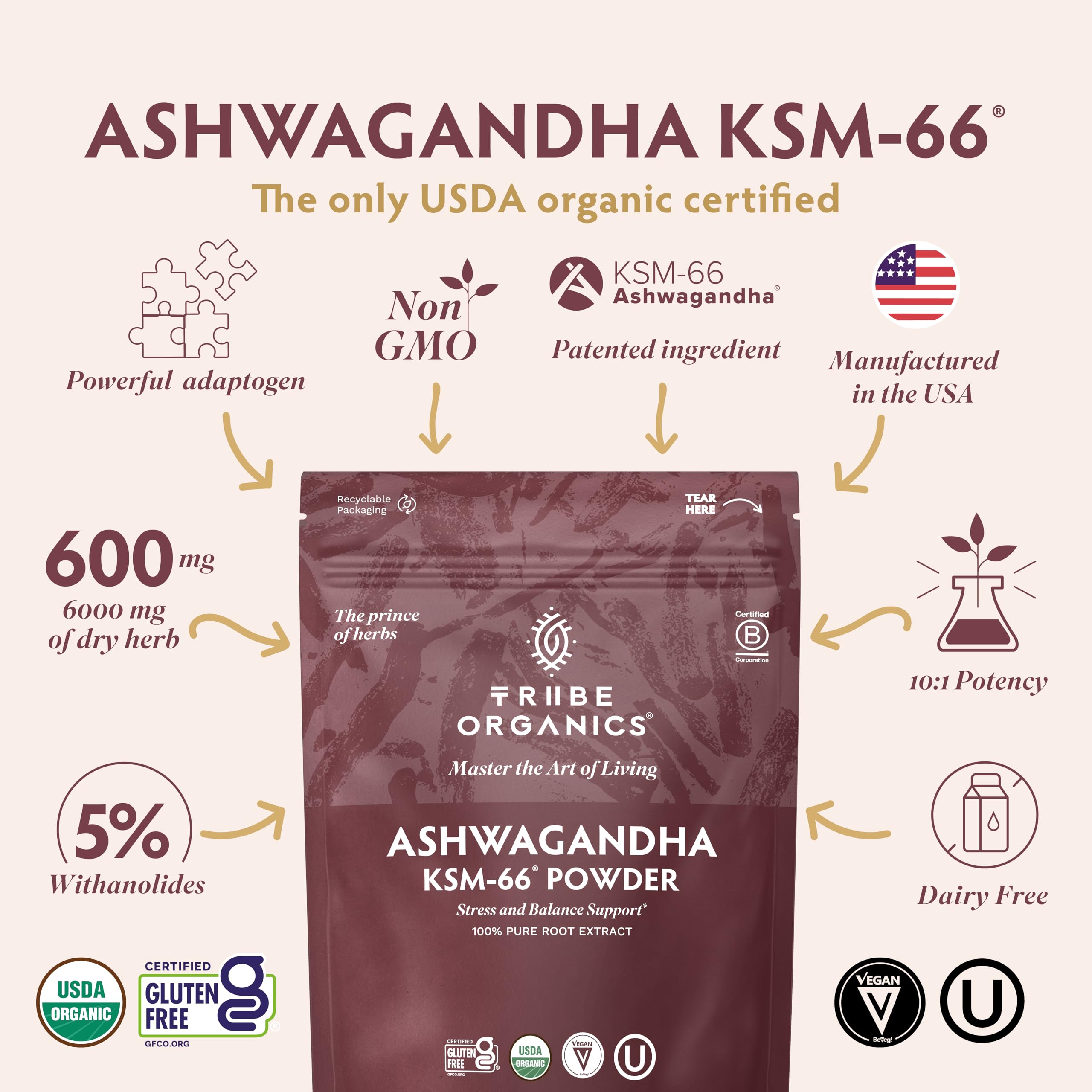 TRIBE ORGANICS KSM-66 Ashwagandha Root Extract Powder Ayurvedic Herb for Mood Support | Increase Energy | Strength - Organic | Natural | Gluten Free | Non GMO | Full-Spectrum - 100g Pouch TRIBE ORGANICS Au supplements
