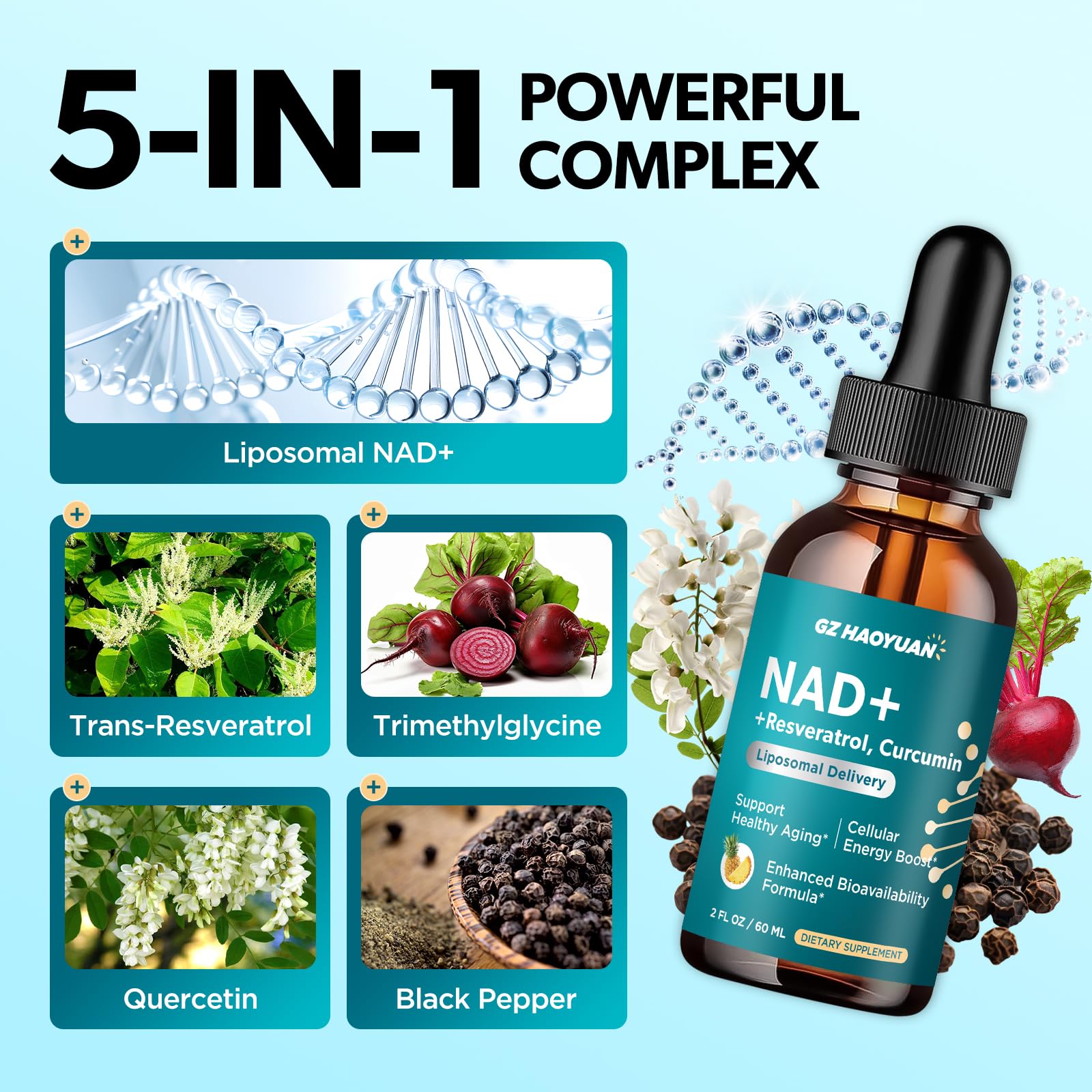 GZ HAOYUAN NAD Liquid Supplement for Women, Liposomal NAD+ Drops 1200MG with NAD Plus Resveratrol, Tmg, Quercetin, Anti-Aging, Cell Regeneration, Energy & Metabolism Support, Pineapple Flavor GZ HAOYUAN Au supplements