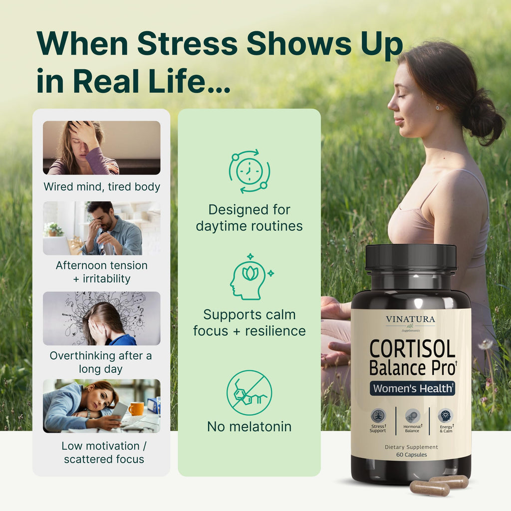 VINATURA Cortisol Supplements for Women - Cortisol Detox and Management - Adrenal Support, Stress Support, 60 Vegan Capsules VINATURA Au supplements