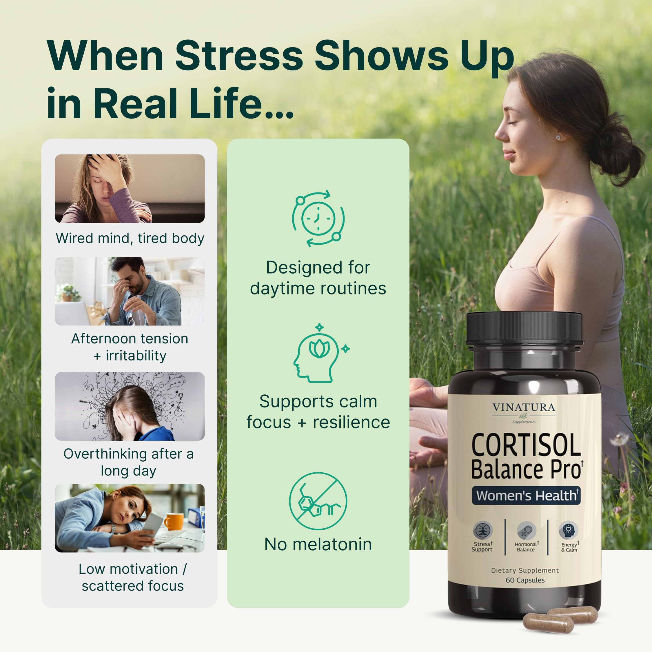 VINATURA Cortisol Supplements for Women - Cortisol Detox and Management - Adrenal Support, Stress Support, 60 Vegan Capsules VINATURA Au supplements