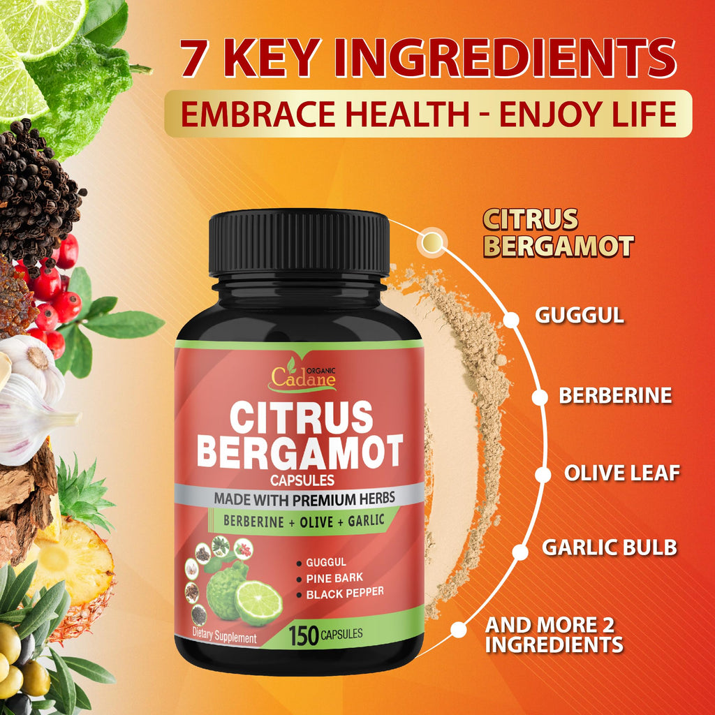 Cadane Citrus Bergamot Supplement Capsules with Berberine, Olive, Guggul, Garlic, Pine Bark, Black Pepper