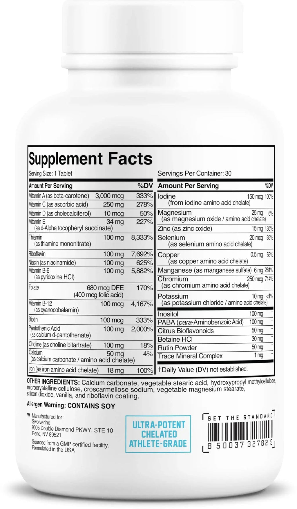 Swolverine Multivitamin | for Men & Women – High Potency Daily Vitamins with B-Complex, Antioxidants, Minerals, Inositol & PABA Swolverine Au supplements
