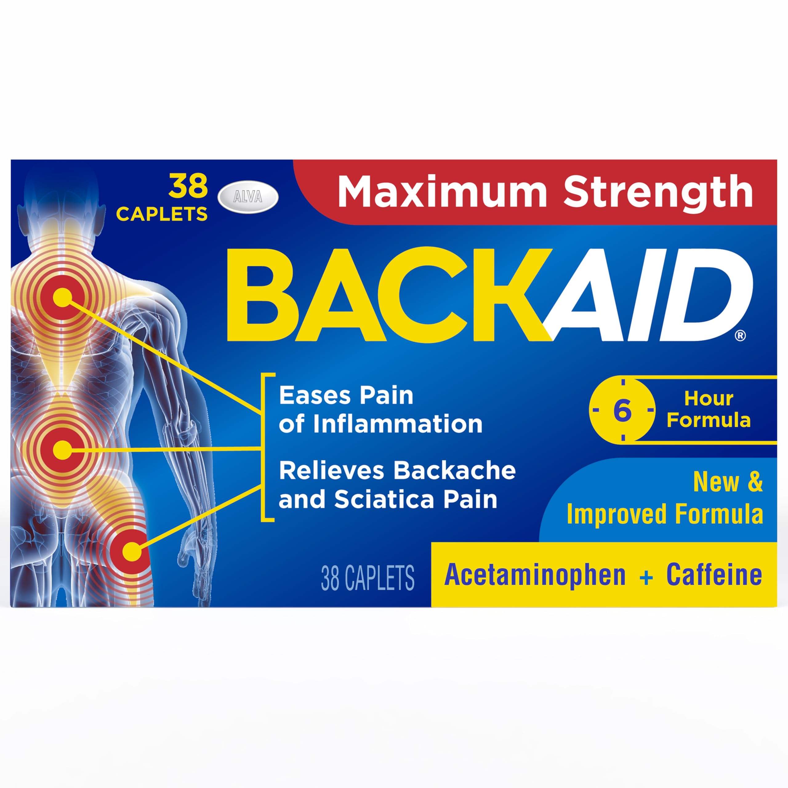 Backaid Maximum Strength Aspirin-Free Pain Relief from Backache, Sciatica and Leg Pain, Powerful Combination, Long-Lasting 6 Hour Formula, 38 Count Backaid Au supplements