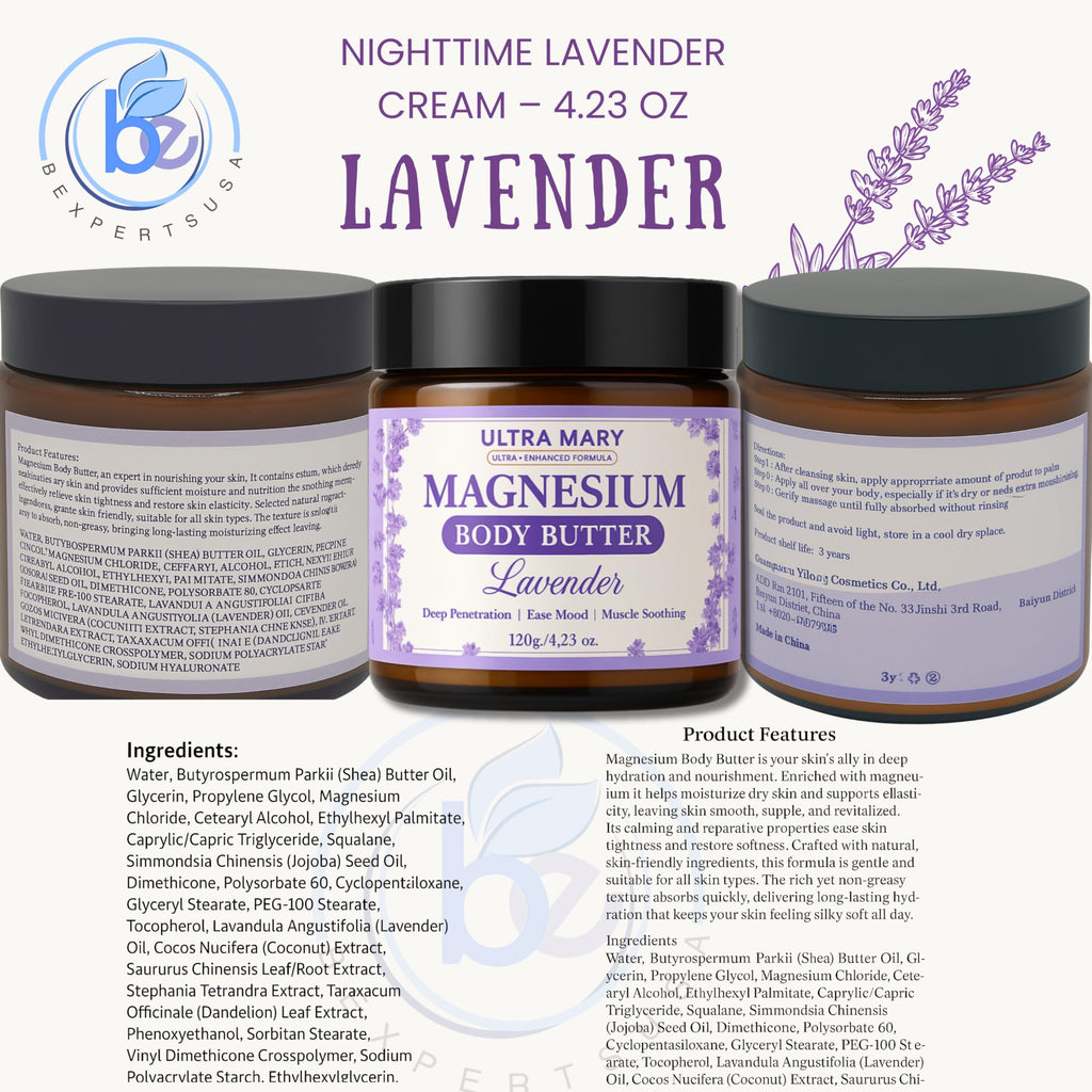 Nighttime Magnesium Cream for Pain, Nerve & Leg Cramps - Magnesium Body Butter for Sleep with Shea Butter, Jojoba Oil, Coconut Extract & Dandelion - Lavender Magnesium Lotion for Kids - 4.23oz ULTRA MARY Au supplements