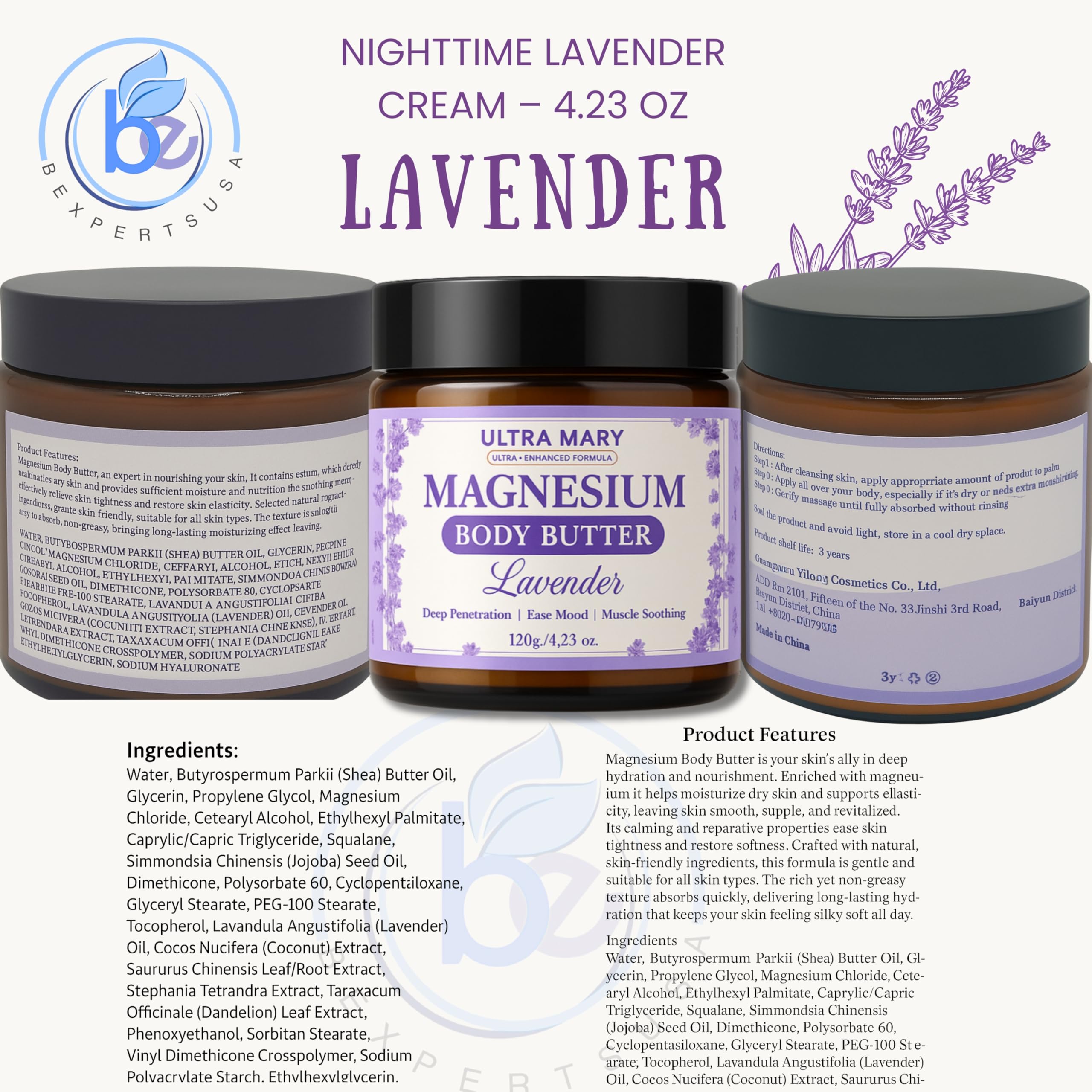 Nighttime Magnesium Cream for Pain, Nerve & Leg Cramps - Magnesium Body Butter for Sleep with Shea Butter, Jojoba Oil, Coconut Extract & Dandelion - Lavender Magnesium Lotion for Kids - 4.23oz ULTRA MARY Au supplements