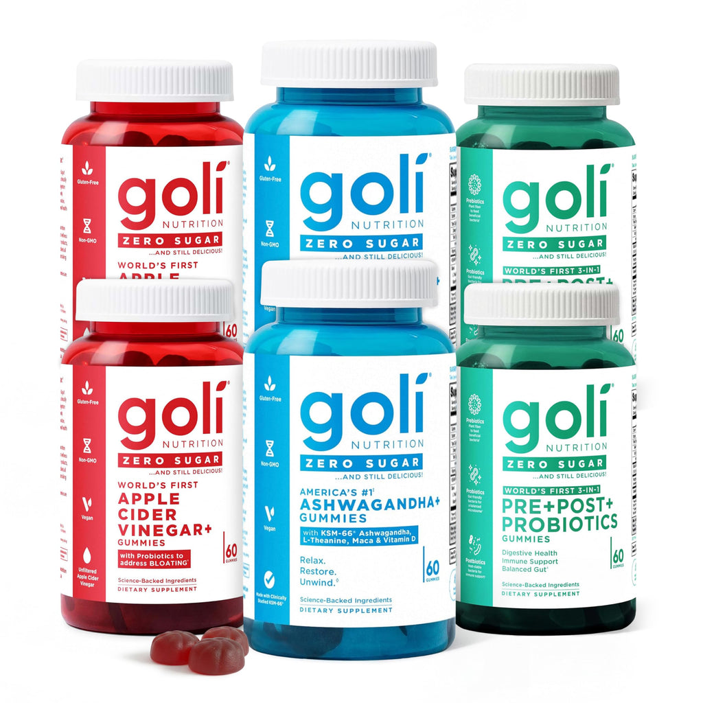 Goli Zero Sugar 6 Pack Bundle - World's First 3-in-1 Pre, Post, Probiotic, Apple Cider Vinegar with Vitamin B12 and Probiotics to Address Bloating, Ashwagandha & L-Theanine, Vitamin D Gummies Goli Au supplements