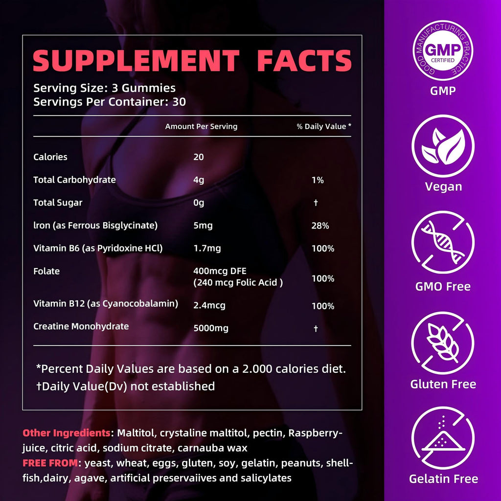 IRIDESICENT Creatine Monohydrate Gummies 5000mg w/Iron, Vitamin B6 & B12, Sugar Free 5g Creatine Supplements for Women and Men Boost Energy & Muscle Recovery - 90 Raspberry Gummies IRIDESICENT Au supplements