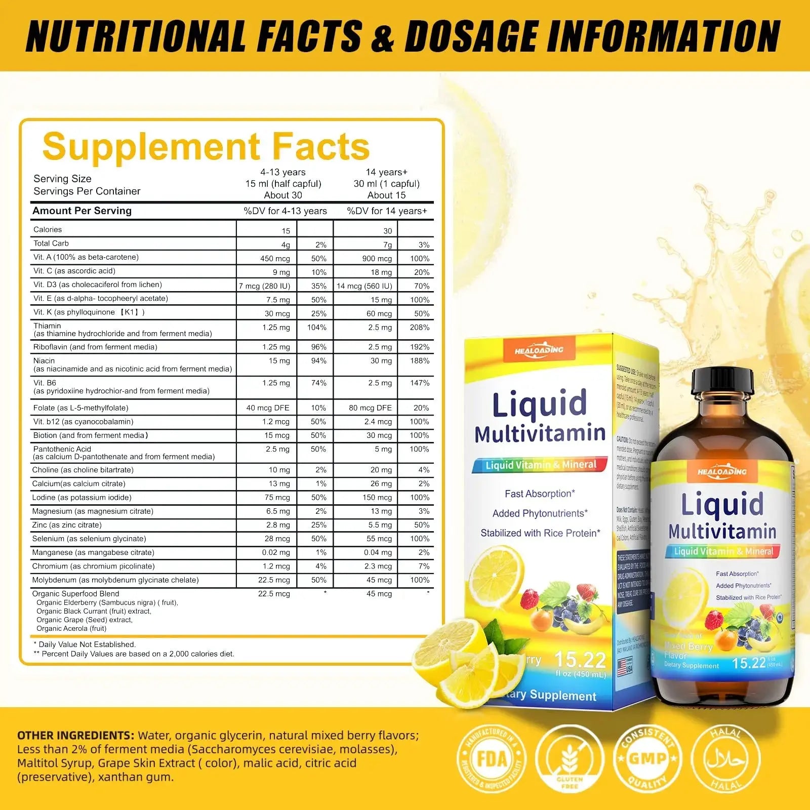 HEALOADING Nutritious Liquid Multivitamin for Women：Liquid Multi Vitamin with Amino Acids Zinc Selenium Mixed Fruit Flavor HEALOADING Au supplements
