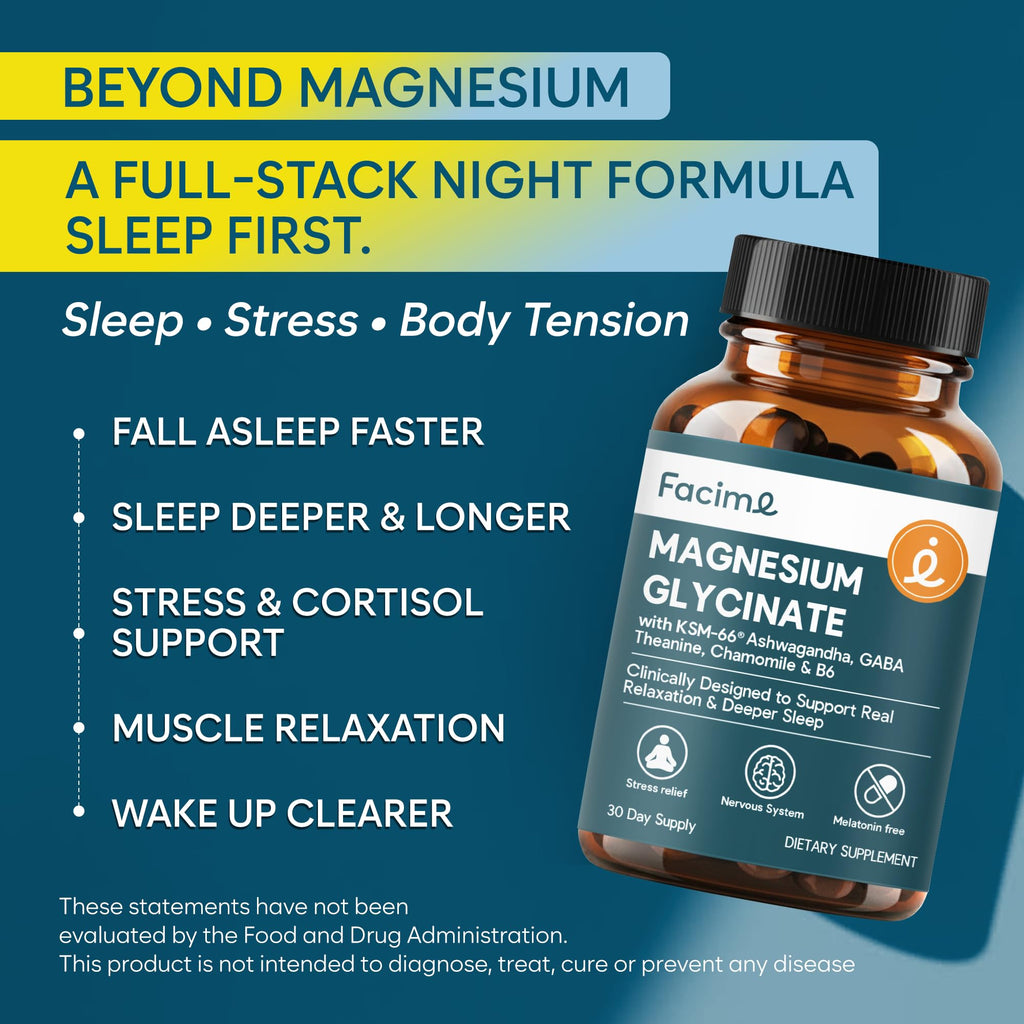 Natural Chelated Magnesium Glycinate Sleep Aid - Melatonin-Free Sleep & Stress Relief with KSM-66 Ashwagandha, GABA, L-Theanine & Chamomile for Muscle Relaxation - Made in USA - 90 Capsules Facime Au supplements