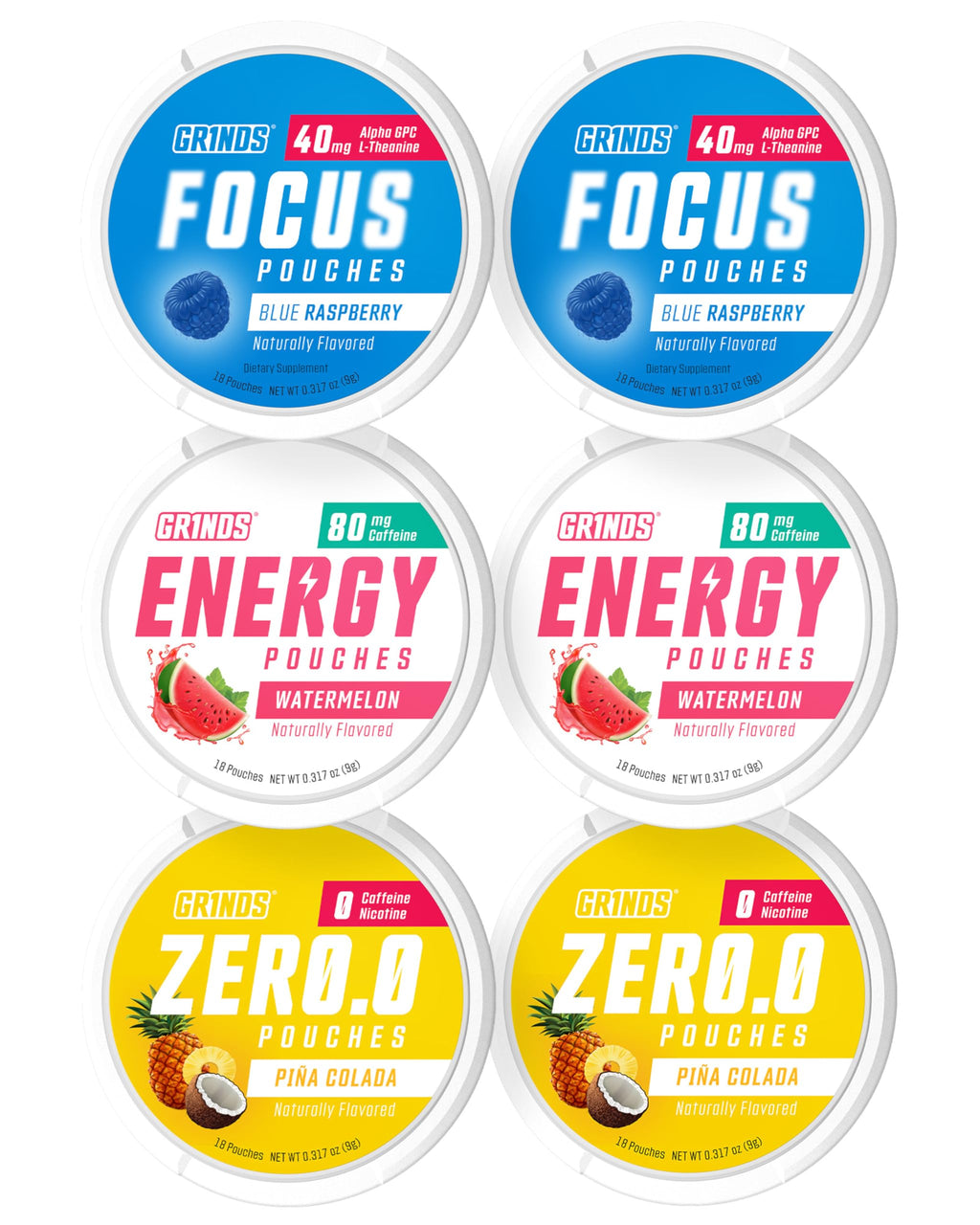 GRINDS Pouches Performance Sampler Pack - Includes Watermelon Energy, Caffeine-Free Piña Colada and Blue Raspberry Nootropic Pouches - Sugar-Free - Zero Calories GRINDS Au supplements