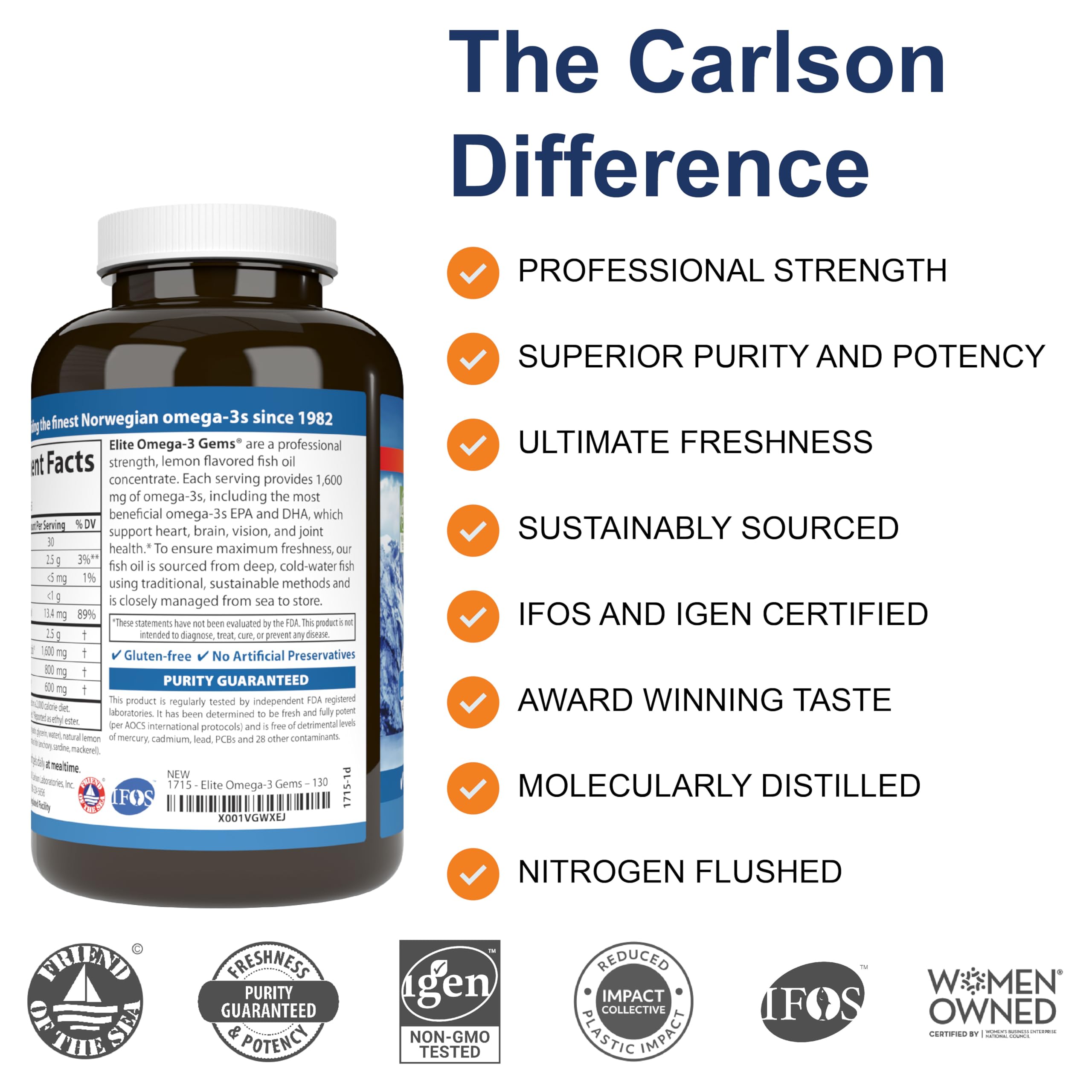 Carlson - Elite Omega-3 Gems, 1600 mg Omega-3 Fatty Acids Including EPA and DHA, Norwegian, Wild-Caught Fish Oil Supplement, Sustainably Sourced Omega
