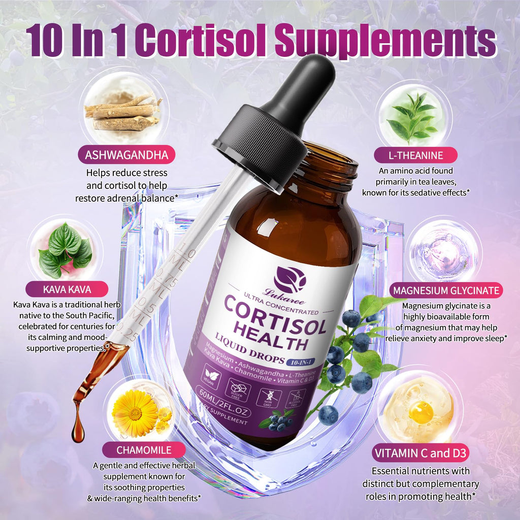 Lukaree Cortisol Supplements for Women, 10 in 1 Cortisol Reducer Detox with Ashwagandha, L-theanine, Kava Kava, Magnesium, Lower Cortisol, Mood, Focus, Sleep Support - 2 FL.OZ, Blueberry Flavor Lukaree Au supplements