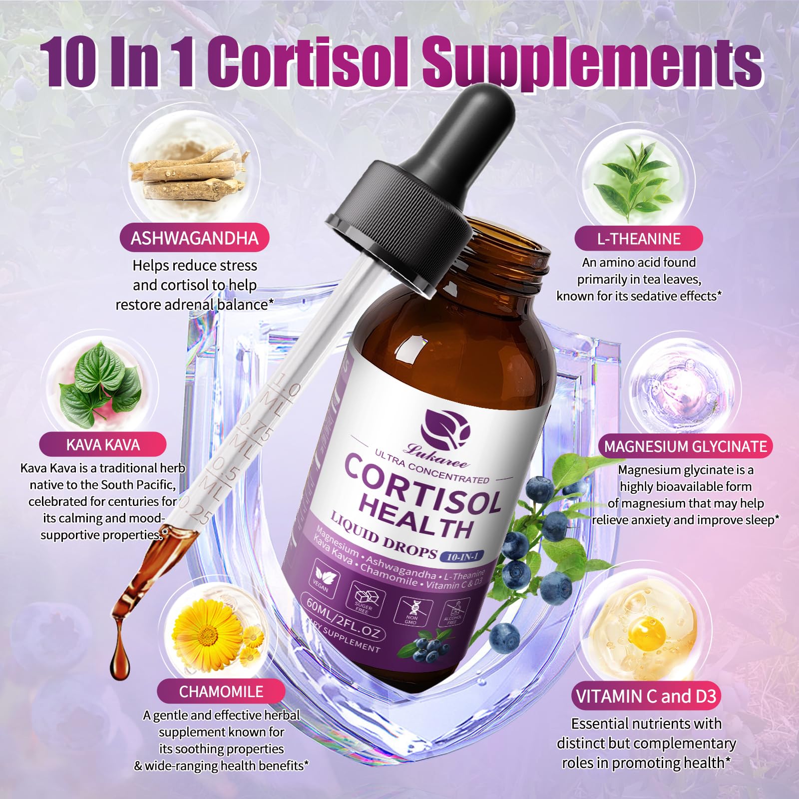 Lukaree Cortisol Supplements for Women, 10 in 1 Cortisol Reducer Detox with Ashwagandha, L-theanine, Kava Kava, Magnesium, Lower Cortisol, Mood, Focus, Sleep Support - 2 FL.OZ, Blueberry Flavor Lukaree Au supplements