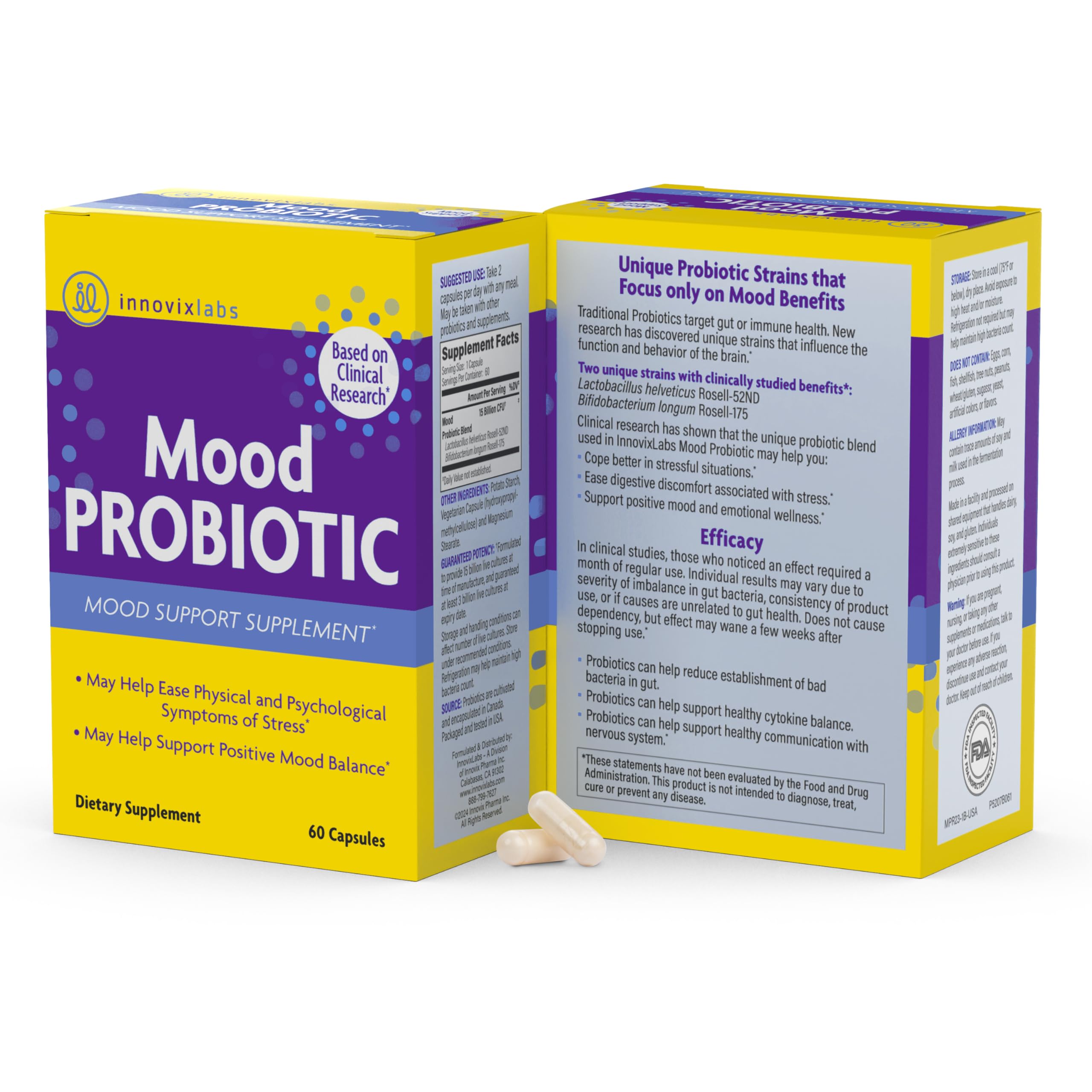 InnovixLabs Mood Probiotic for Women & Men, Clinically Studied Digestive & Mood Support Supplement, Lactobacillus helveticus Rosell-52ND & Bifidobacterium longum Rosell-175, 60 Capsules InnovixLabs Au supplements