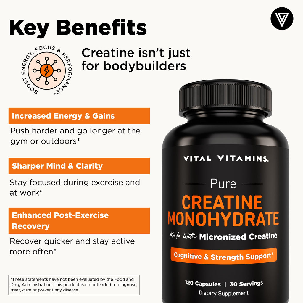 Vital Vitamins Creatine Monohydrate Pills for Women & Men - Micronized Creatine Capsules - Cognitive, Strength, Recovery Support - 3g (3000mg) per Serving - Vegan, Non-GMO, 120 Count Vital Vitamins Au supplements