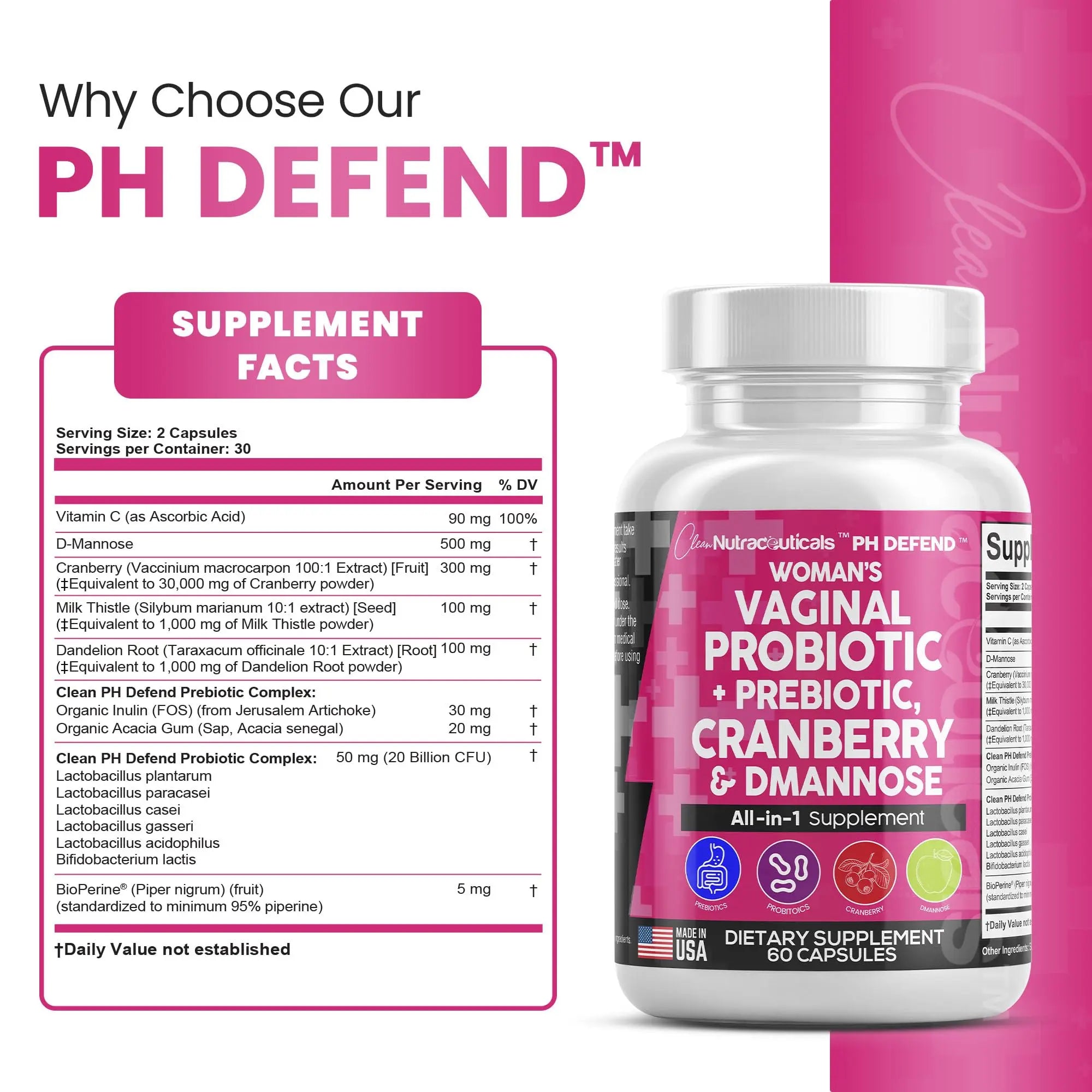 Vaginal Probiotics For Women + Prebiotics 20 Billion Cranberry Pills 30,000mg w/ D-Manno Clean Nutraceuticals Au supplements
